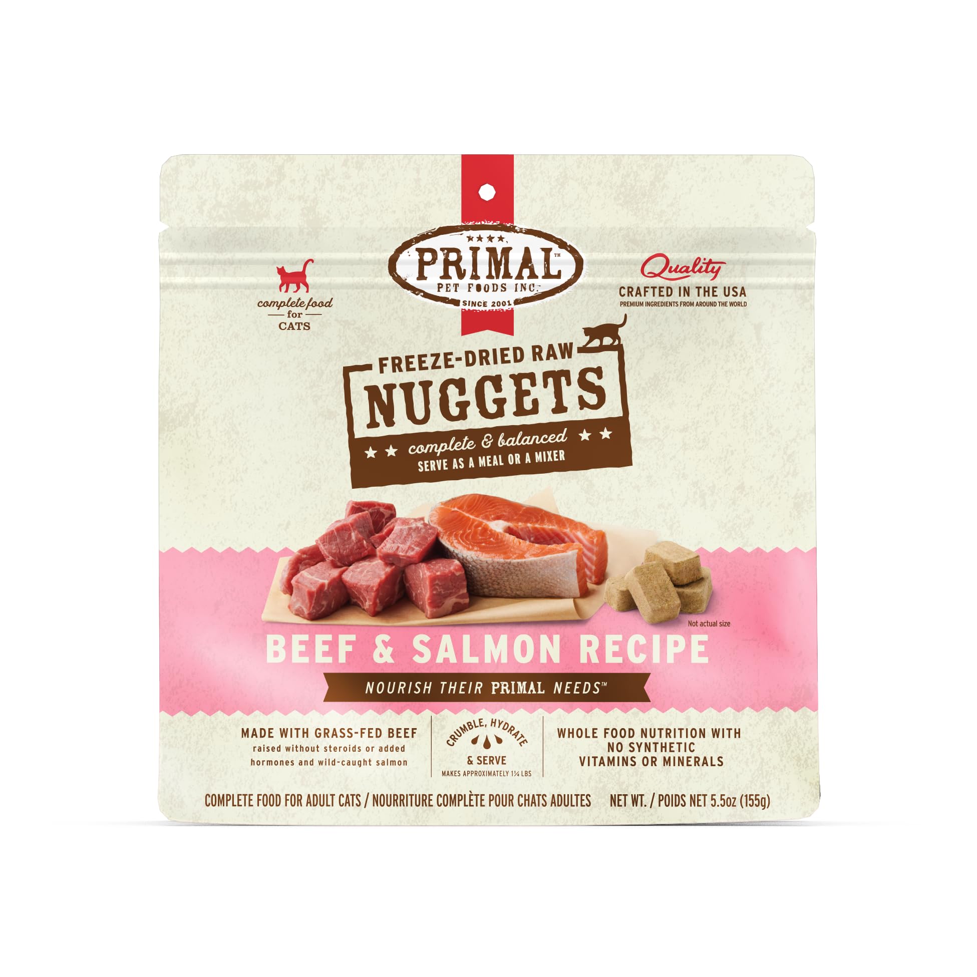 Primal Freeze Dried Raw Cat Food Nuggets Beef & Salmon, Complete & Balanced Meal or Topper, Premium, Healthy, Grain Free, High P