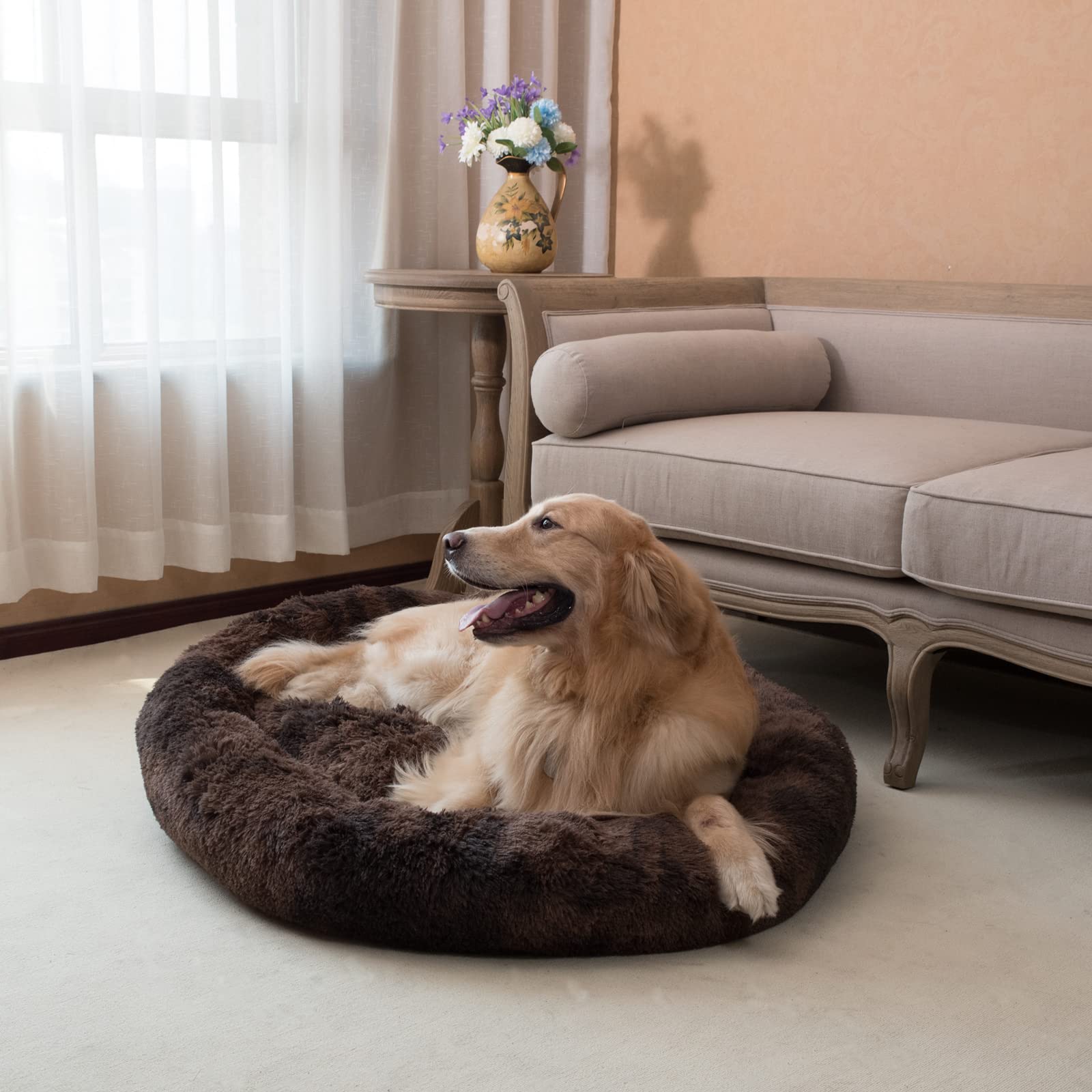 Coohom Oval Calming Donut Cuddler Dog Bed,Shag Faux Fur Cat Bed Washable Round Pillow Pet Bed(30 /36 ) for Small Medium Dogs (XX