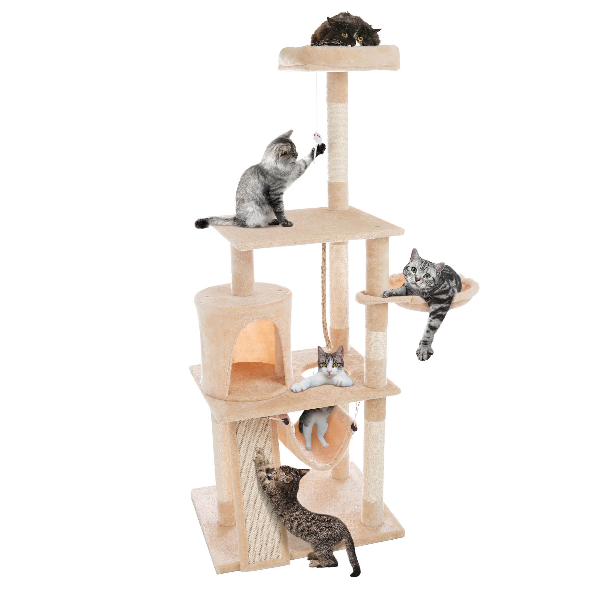 4-Tier Indoor Cat Tower - Deluxe 6-Post Scratcher with Board, Napping Perches, Sleeping Condo, Hammocks, and Hanging Toys for Ca