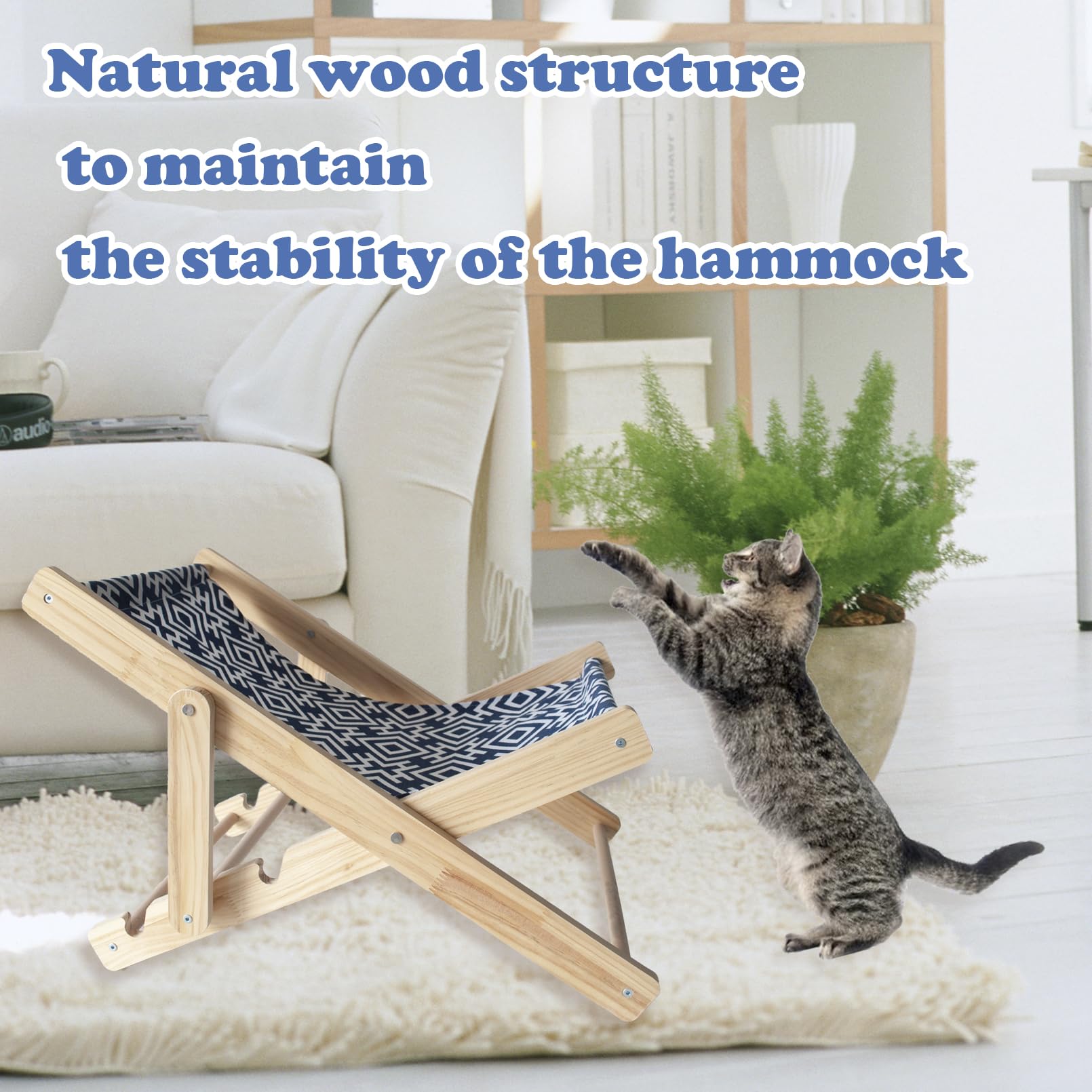Muyg Wooden Cat Lounge Chair,Natural Solid Wood Elevated Cat Beach Chair With Sturdy Canvas,Adjustable Kitty Hammock Bed For Out