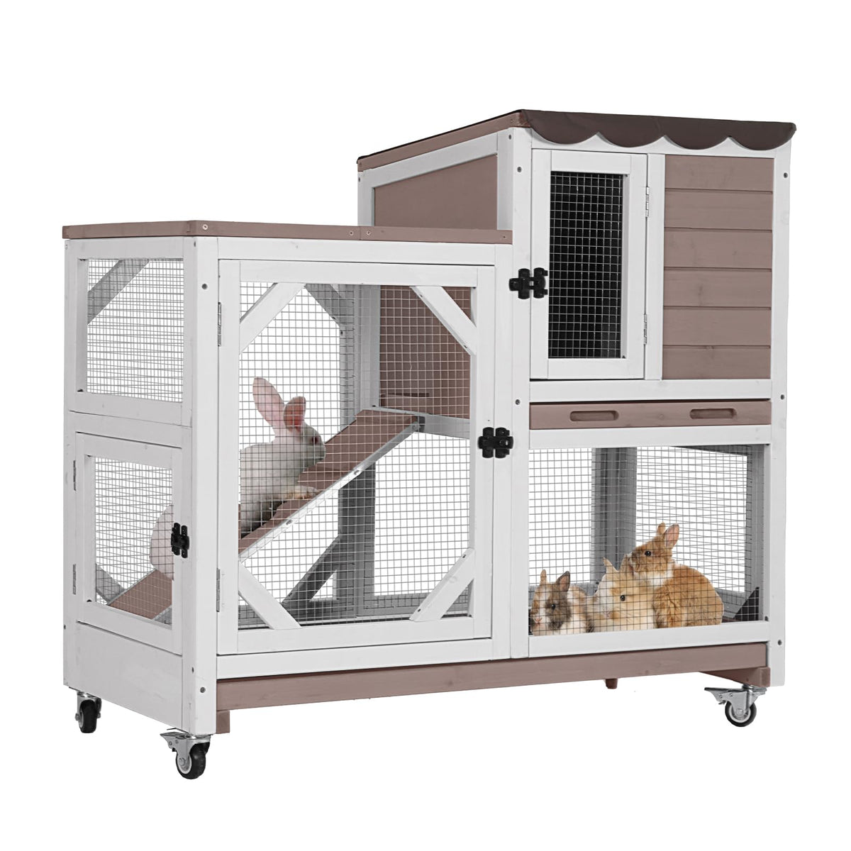 Aivituvin Rabbit Cage Indoor Outdoor Bunny Hutch On Wheels, 2 Story Wood Guinea Pig Cages With 2 Deeper Pull Out Trays