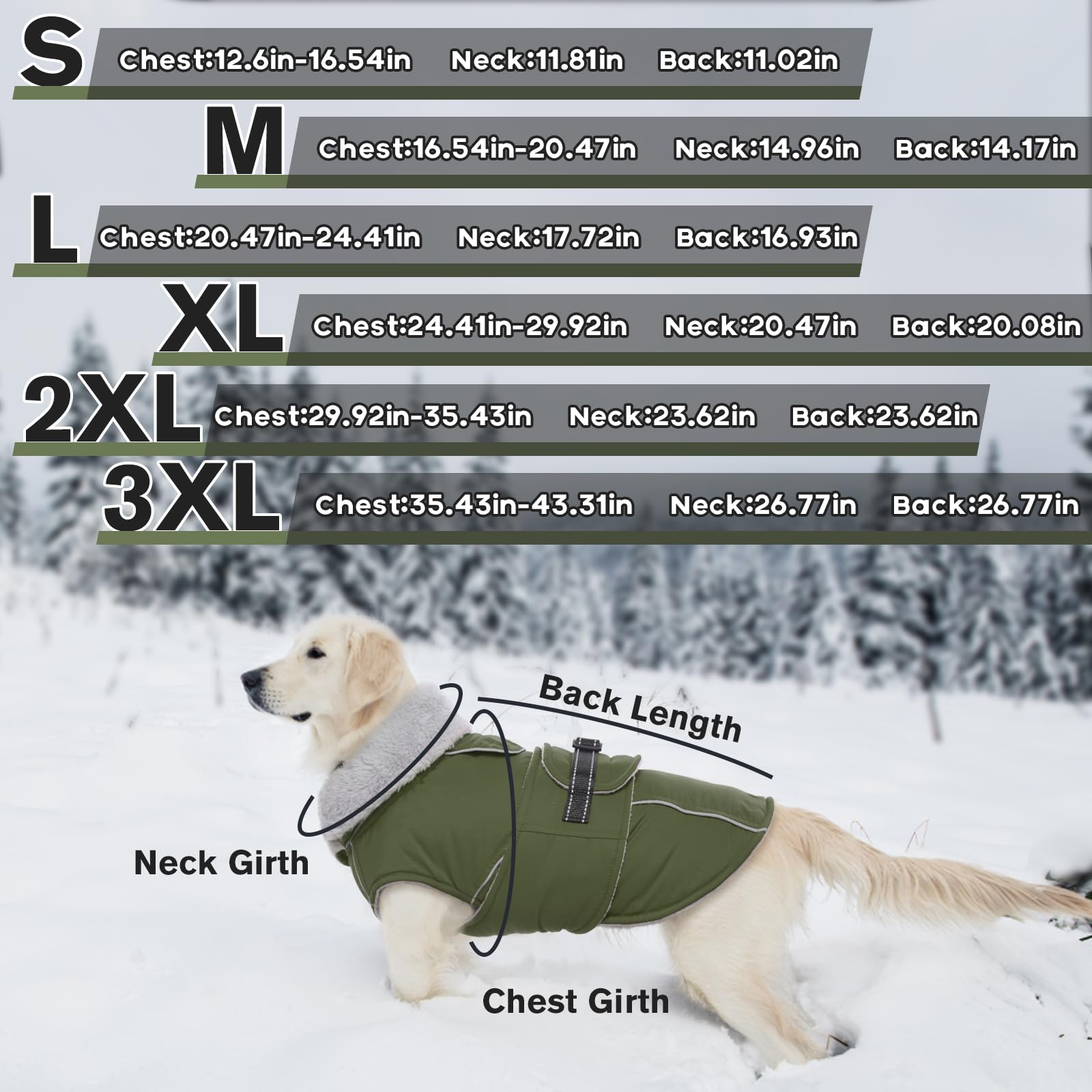 LeLePet Warm Dog Coat - Reflective Fleece Vest, Waterproof, Windproof, Large, Army Green