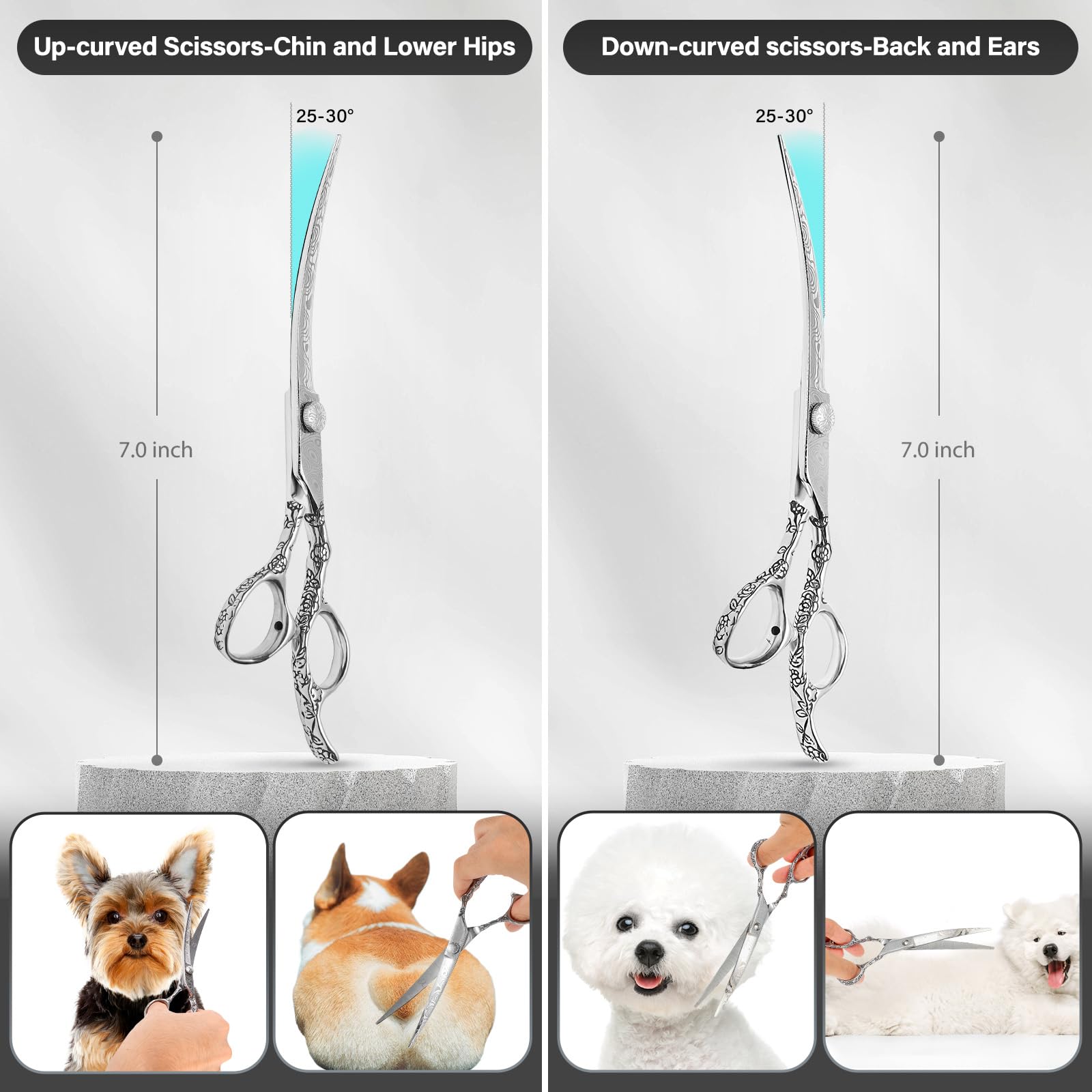 Citywish Dog Grooming Scissors,Silver With Safety Round Tips,5 In 1 Curved Dog Scissors For Grooming,Professional Pet Grooming S