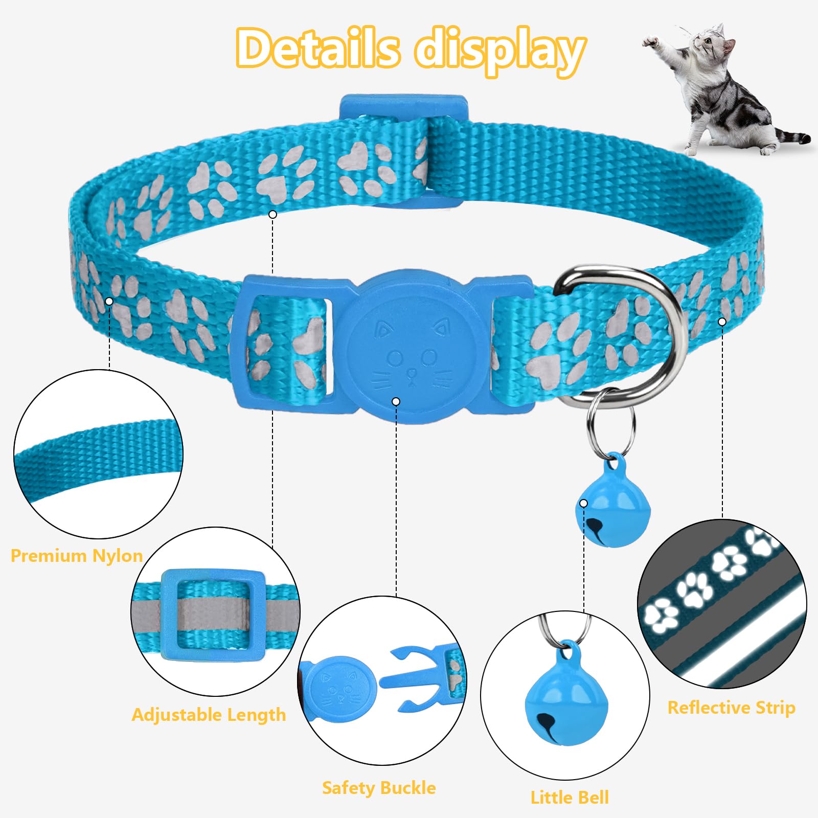 Taglory Reflective Cat Collars Breakaway With Bell, 2-Pack Girl Boy Pet Kitten Collar Adjustable 7.5-12.5 Inch, Sky Blue