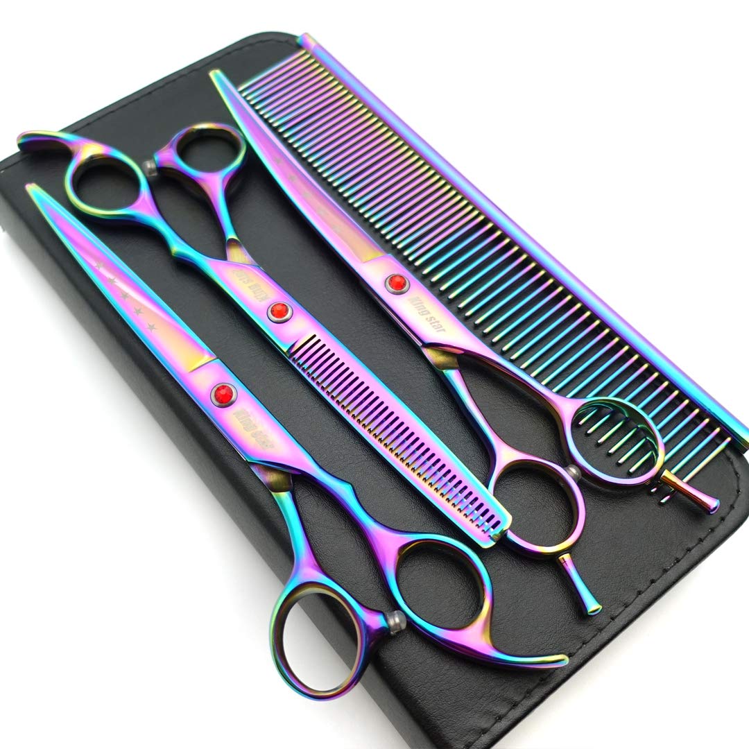 7.0In Titanium Professional Pet Grooming Scissors Set,Straight & Thinning & Curved Scissors 3Pcs Set For Dog Grooming,A349 (Rainbow)