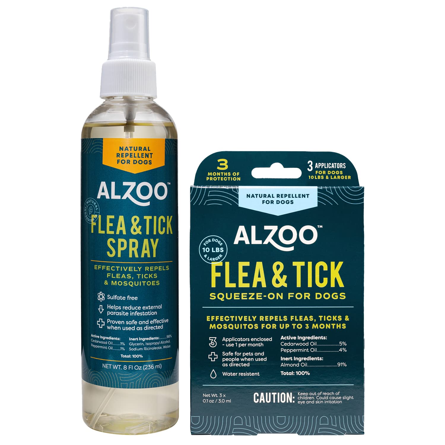 Alzoo Flea & Tick Repellent Squeeze-On For Dogs And 8 Fl. Oz. Flea & Tick Repellent Spray For Dogs, 100% Plant-Based Active Ingr