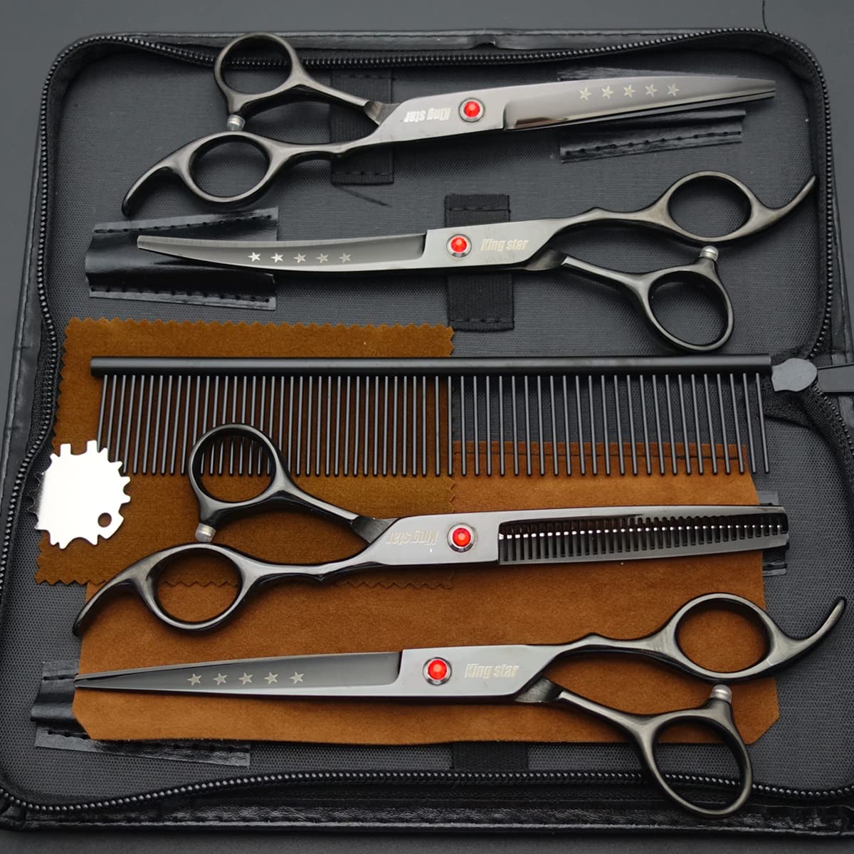 7.0In Titanium Professional Dog Grooming Scissors Set,Straight & Thinning & Curved Scissors 4Pcs Set For Dog Grooming Bright Bla