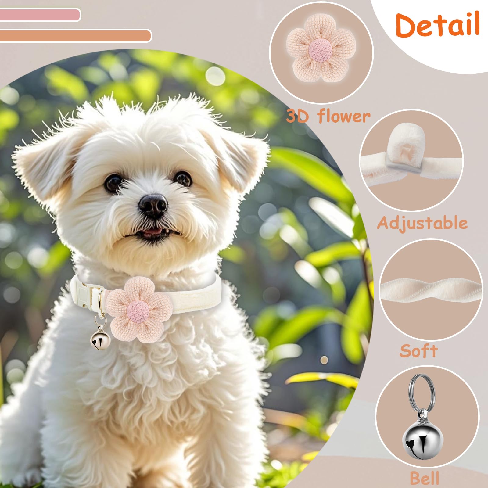 Puppy Collars, Small Dog Collars For Small Dogs With Bellxs Dog Collars For Girl Boy With Flower (White + Purple + Yellow)