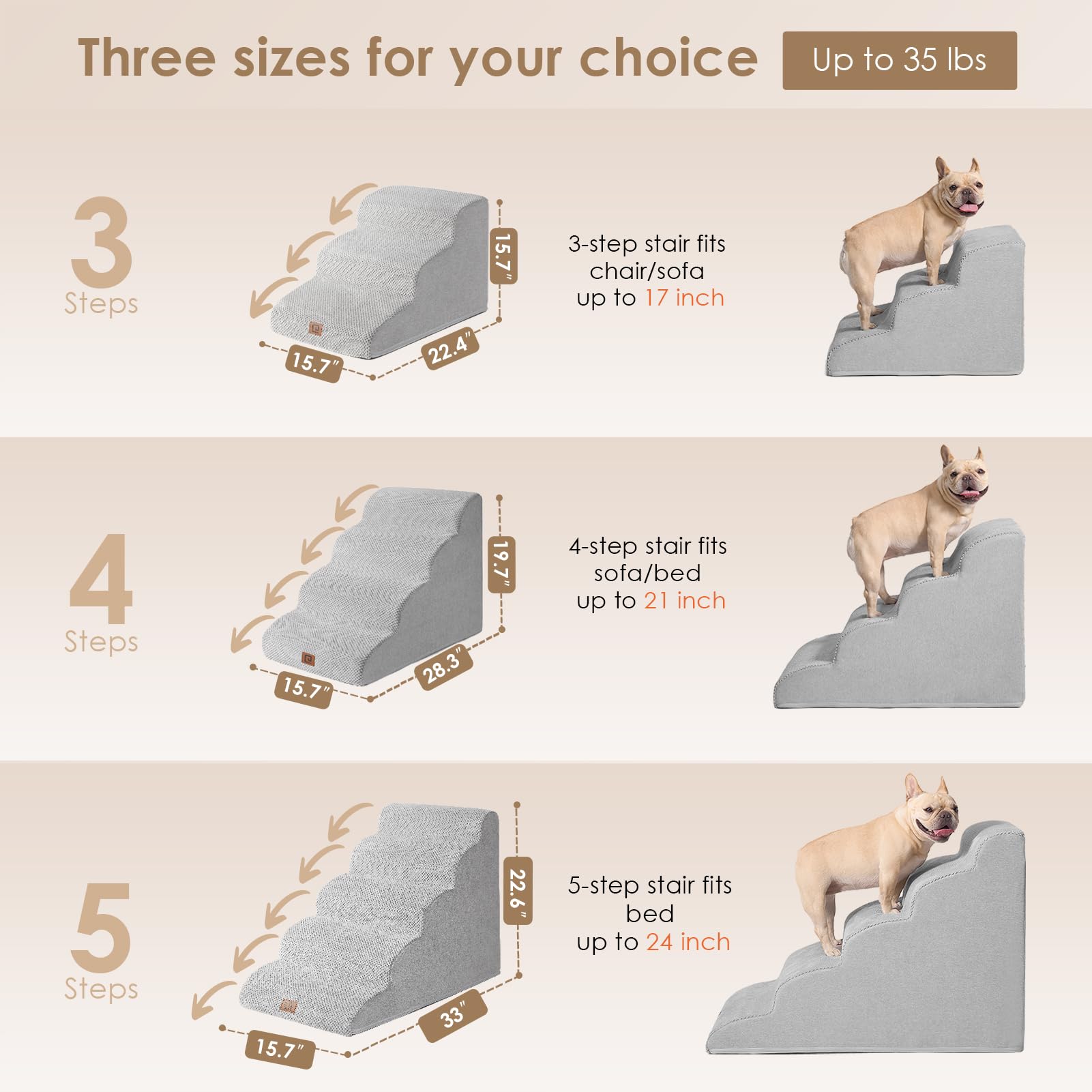 Eheyciga Curved Dog Stairs Ramp For High Beds 22.6' H, 5-Step Dog Steps For Small Dogs And Cats, Pet Stairs For High Bed Climbing, Non-Slip Balanced Pet Step Indoor, Light Grey