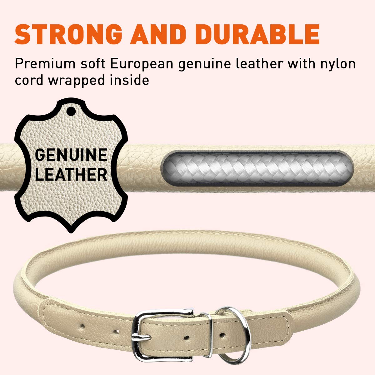 Dogline Rolled Leather Dog Collar - For Small, Medium And Large Breeds - Soft And Padded Round Luxury Design 1/2-Inch Wide Soft