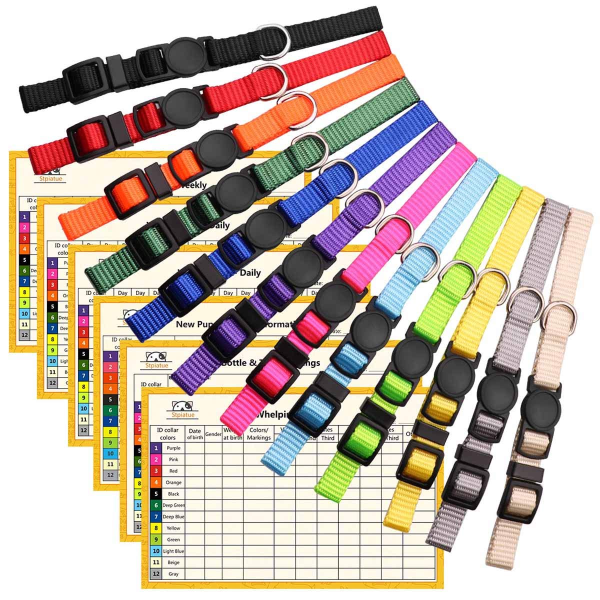 Puppy Collars For Litter Puppy Id Collars Whelping Supplies Soft Nylon Breakaway Coloured Collars With 6 Record Keeping Charts(M)