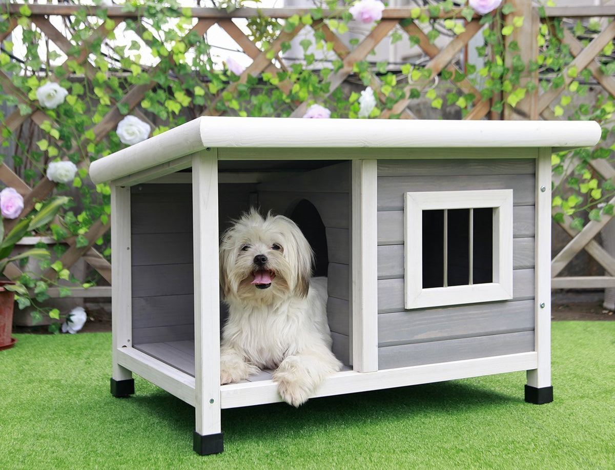 Petsfit Outdoor Wooden Dog House For Small Dogs, Light Grey, Small/33.6' L X 24.7' W X 23' H