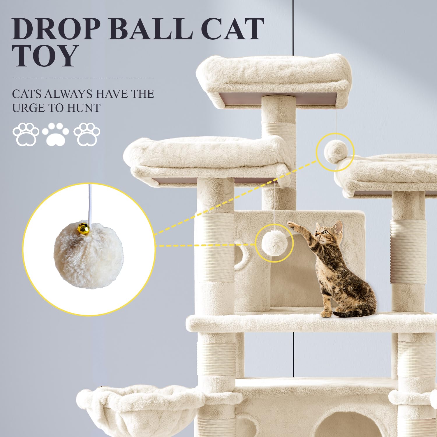 Allewie 68 Inches Cat Tree/House And Towers For Big Feline/Scratching Post/Multi-Level Large Kitty Climbing Tree With Condo/Beig
