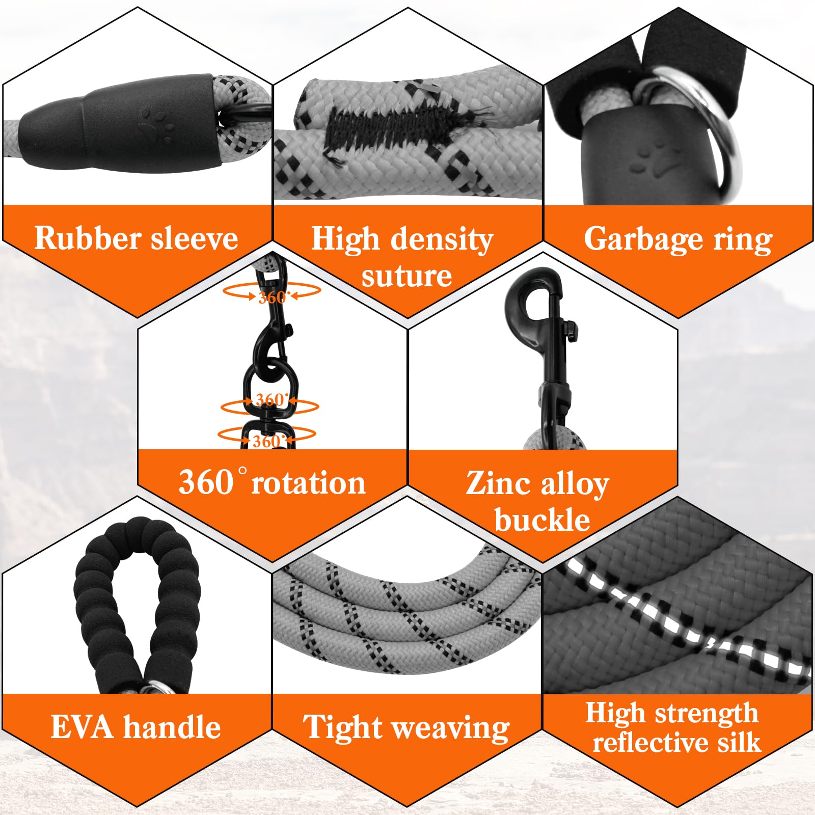 Five-In-One Dog Leash - 360 Swivel, No-Tangle, Reflective For Walking & Training (Five Leashes, Grey)