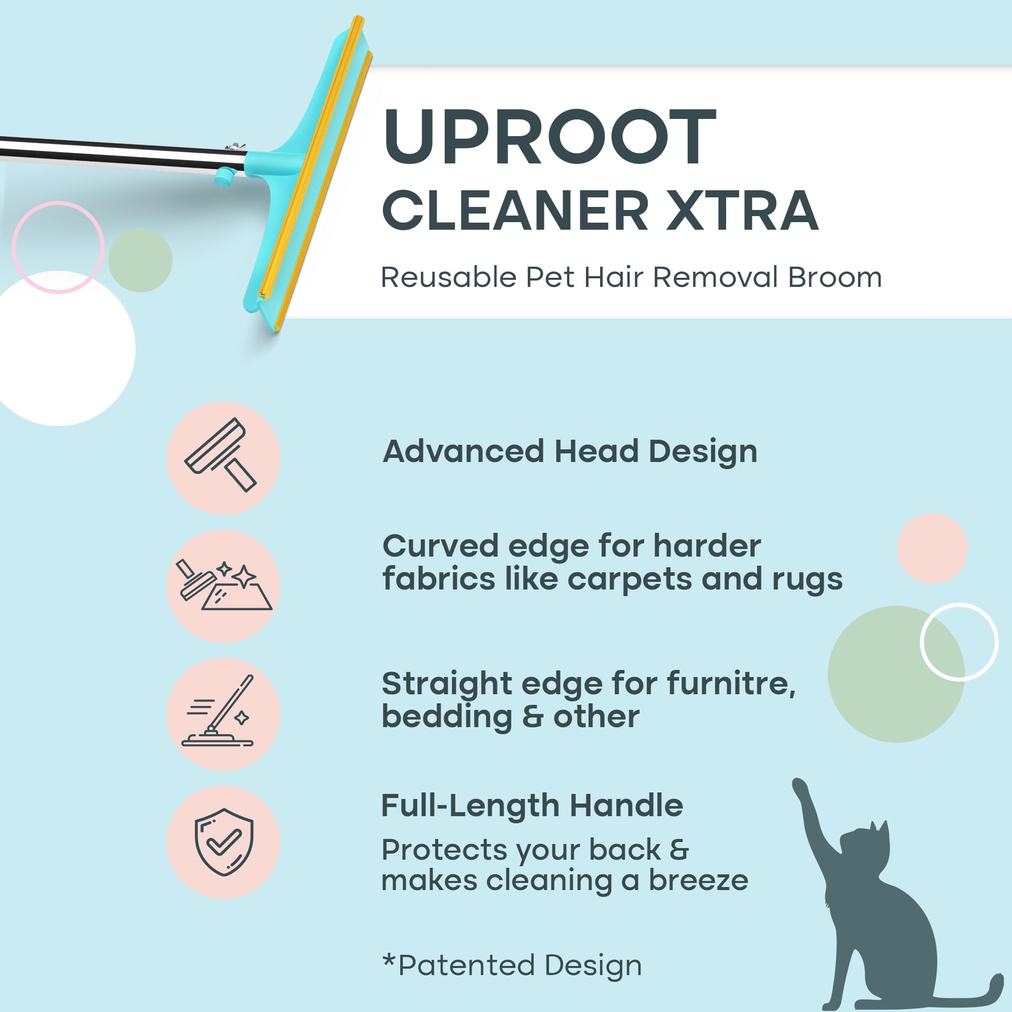 Uproot Clean Xtra - Pet Hair Removal Broom - Telescopic 60' Handle & Reusable Design - Like An Uproot Cleaner Pro Pet Hair Remover, But Created To Be An Excellent Carpet Rake For Pet Hair Removal