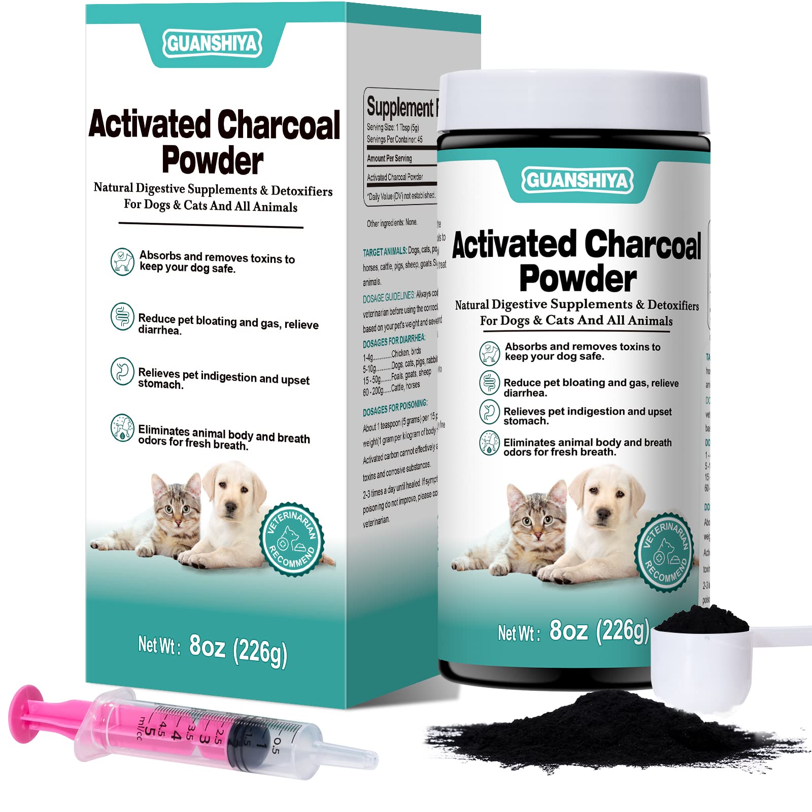 Guanshiya Activated Charcoal for Dogs, Cats, and All Pets, 8oz(Powder), Activated Charcoal Powder for Poisonings, Digestive Upse