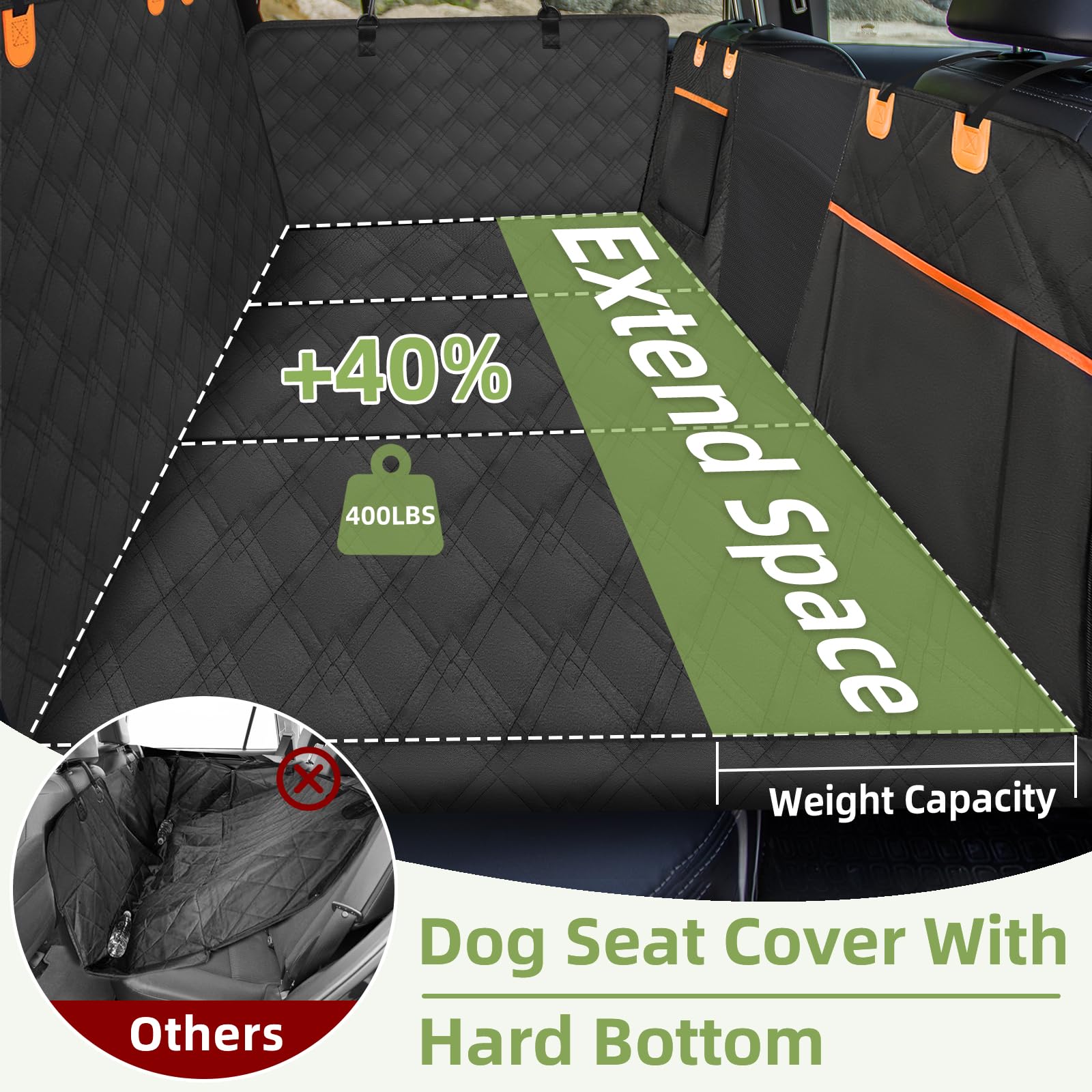 Back Seat Extender for Dogs - Extra 40% Space, Dog Car Seat Cover Hard Bottom Holds 400lbs, Waterproof Dog Hammock & Car Seat Co