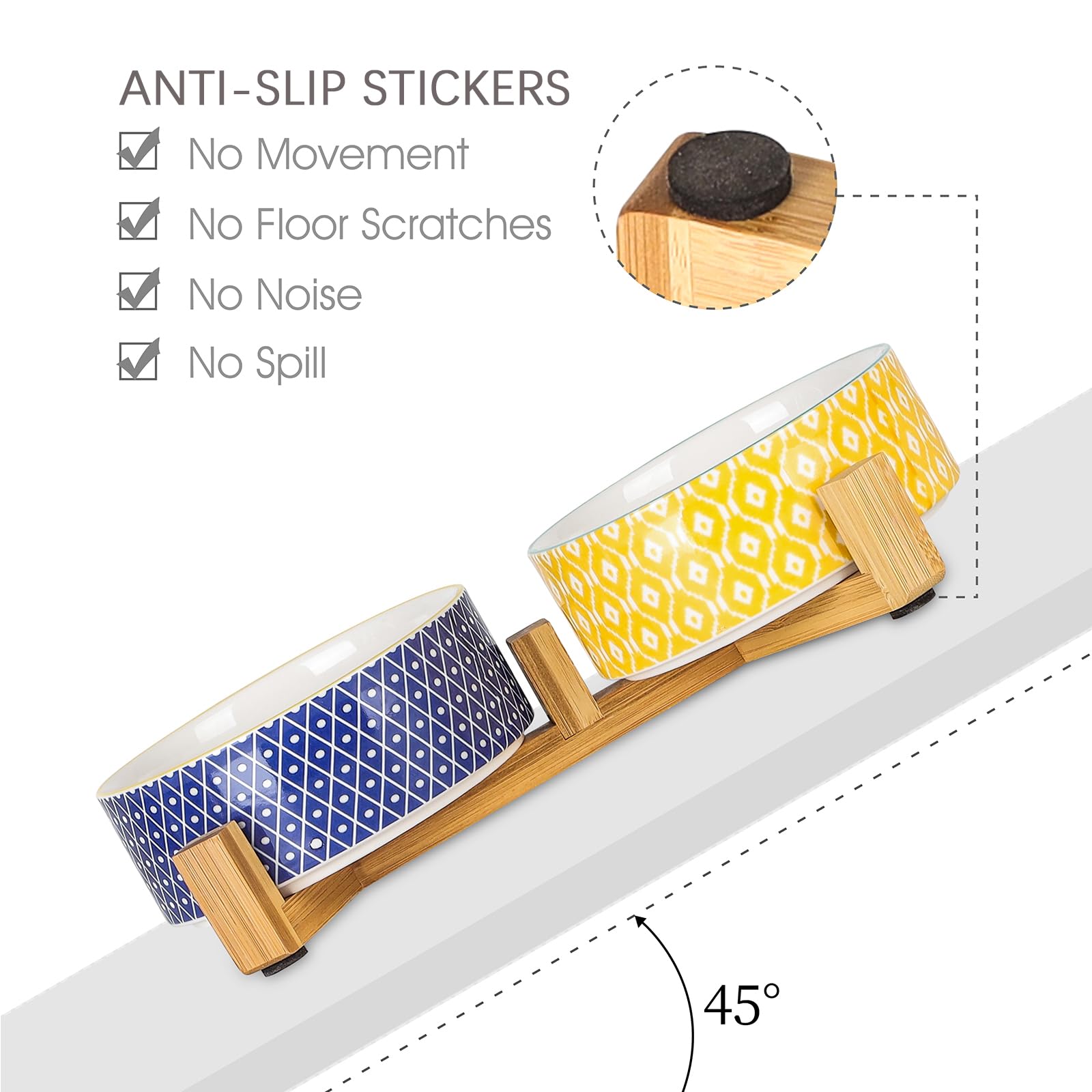 Selamica Ceramic 30 Oz Dog Bowls With Wooden Stand, Anti-Slip Dishes Set For Cats And Small Dogs, Weighted Bowls In Assorted Col