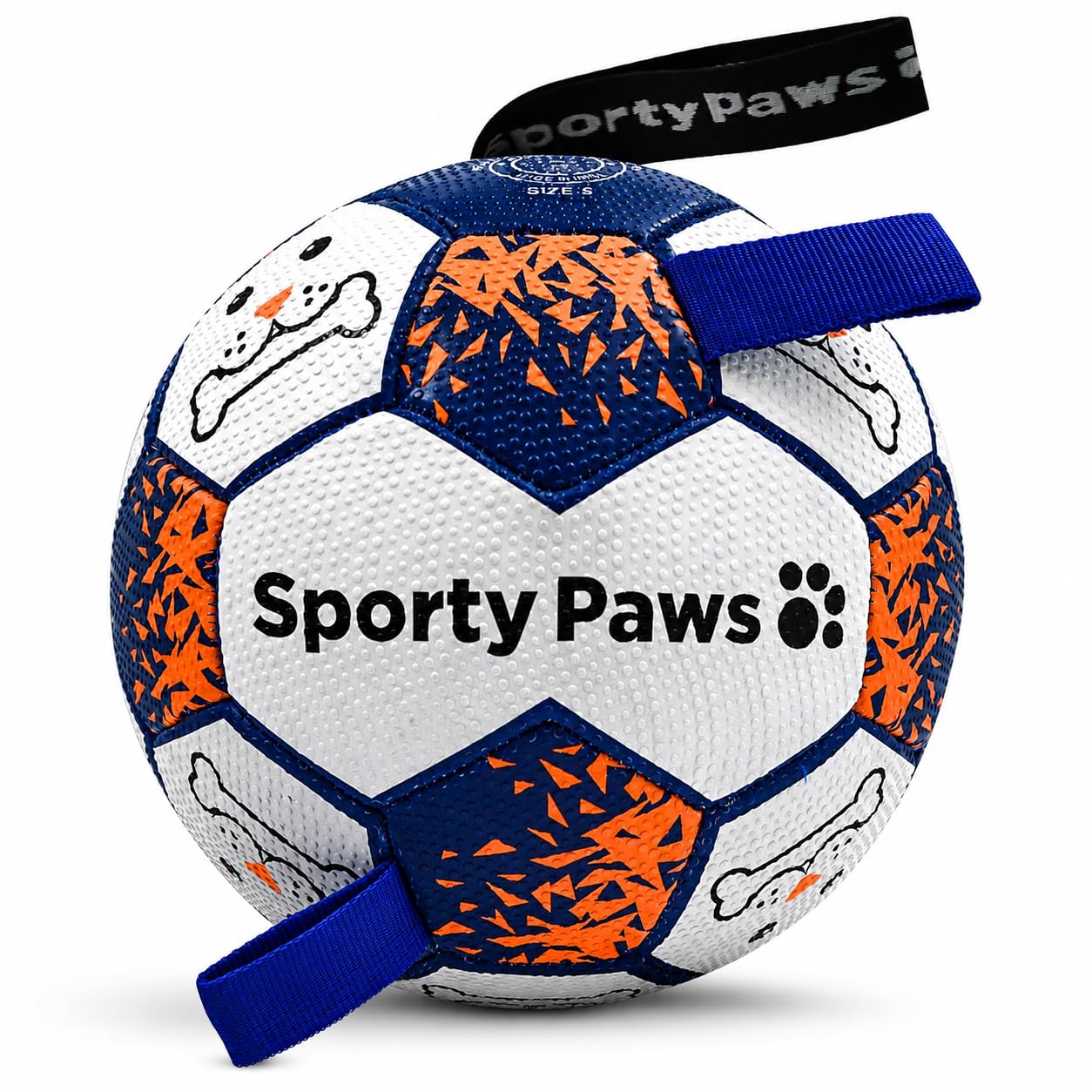 Sporty Paws Dog Football Size 5 with Holding Loops, Durable Rubber Dog Ball for Large Dogs, Interactive Tug Fetch Toy, Pet Train