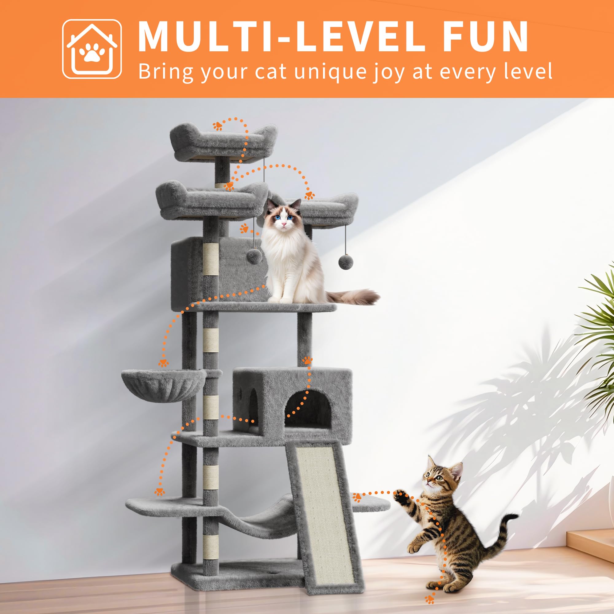 68 Inches Multi-Level Large Cat Tree For Large Kitties/Big Cat Tower With Condo/Cozy Plush Pussycat Perches/Sisal Scratching Pos