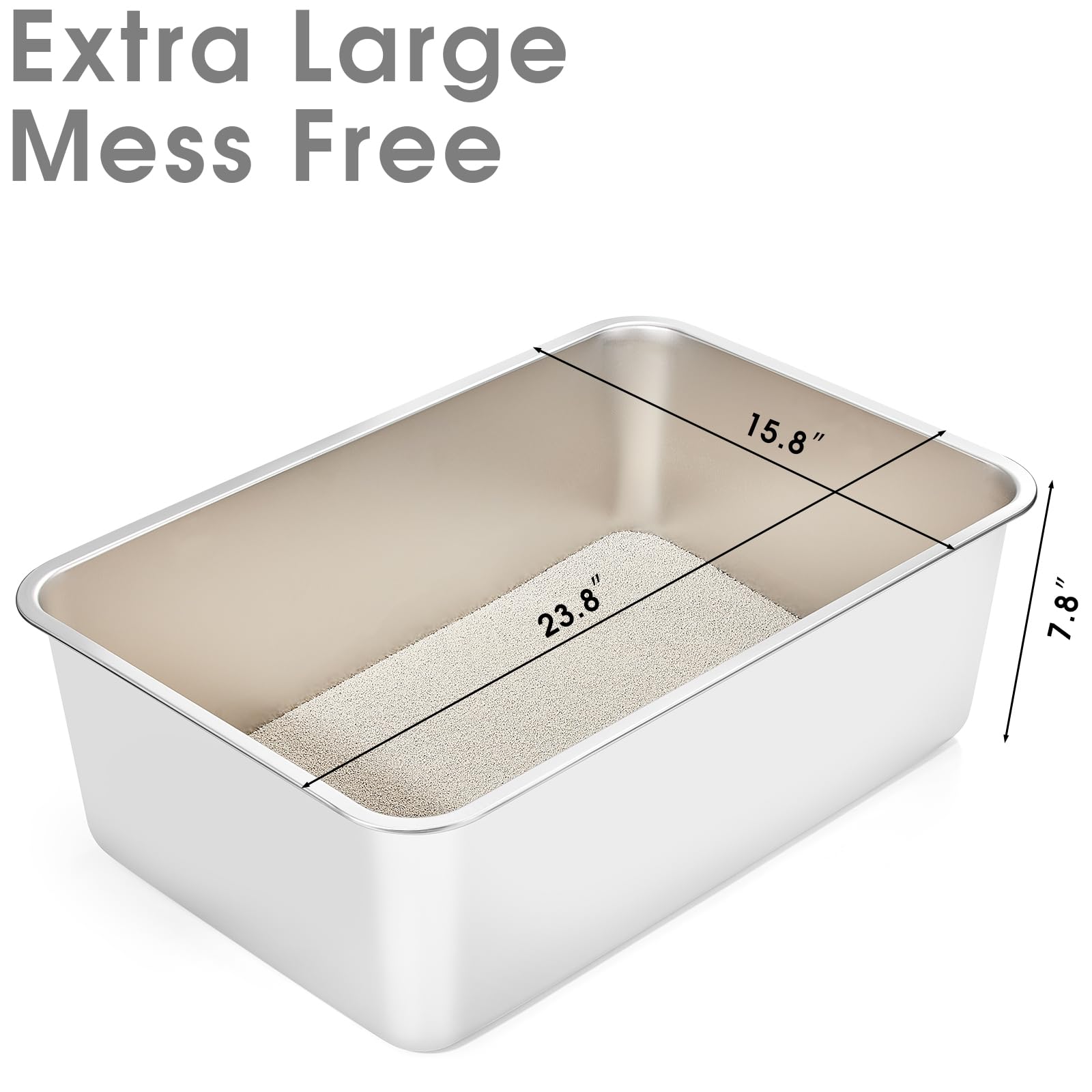 Yangbaga Stainless Steel Litter Box For Cat And Rabbit, Large Size With 8In High Sides And Non Slip Rubber Feet. Odor Control, Non Stick Smooth Surface, Easy To Clean, Never Bend