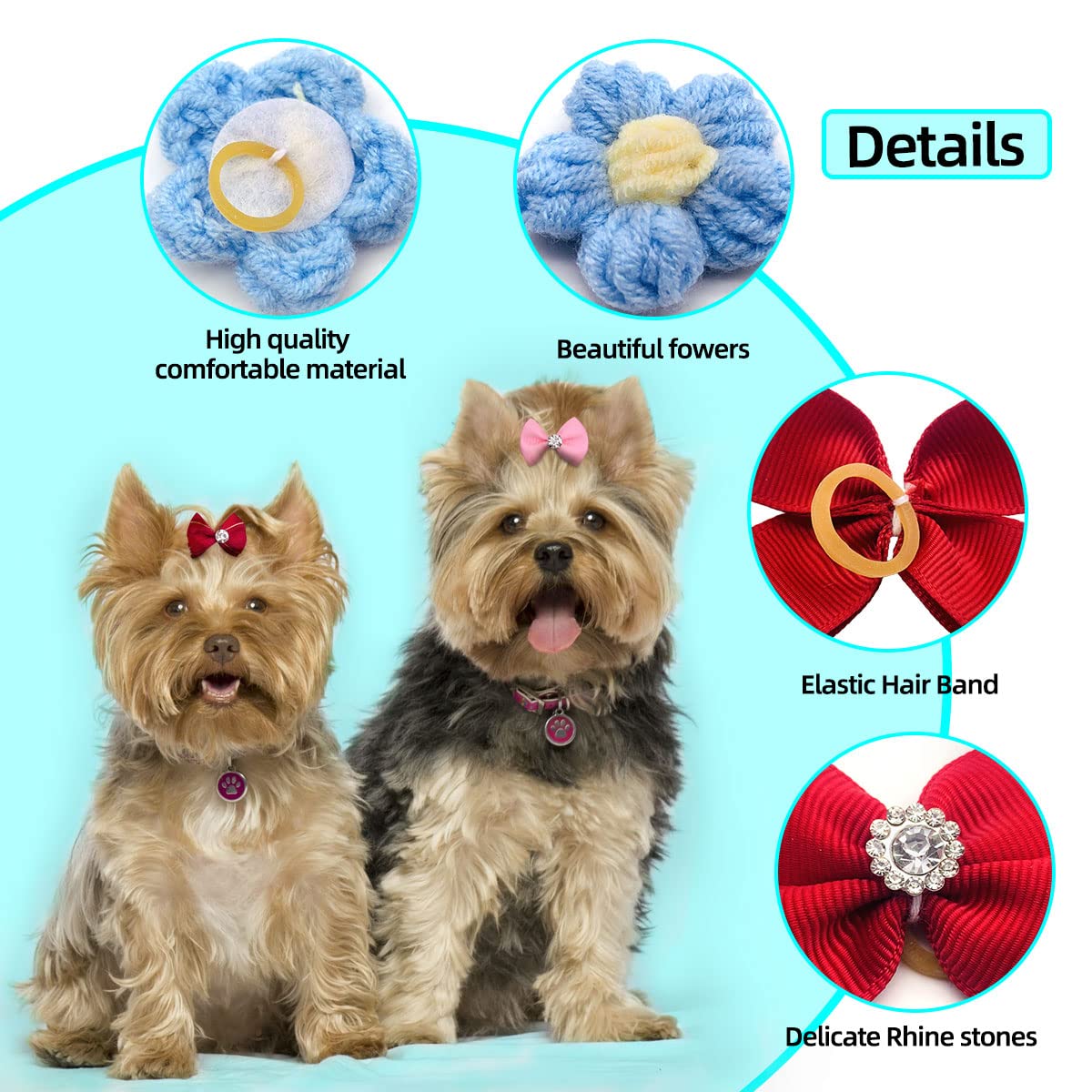 Pai Sence 20Paris(40Pcs) Cute Flowers Small Dog Hair Bows With Rubber Bands For Medium Dogs Boys Girls Faux Pearl Yorkie Topknot