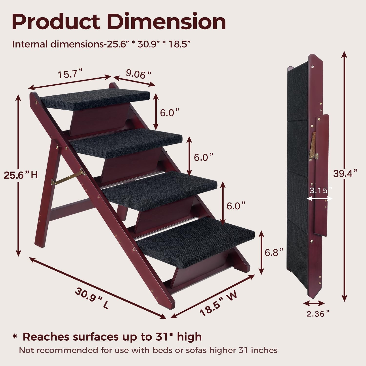 BRIKY Wooden Dog Stairs - Foldable 4 Steps, Non-Slip for Small & Large Dogs, Mahogany, Model DS-4-B-W