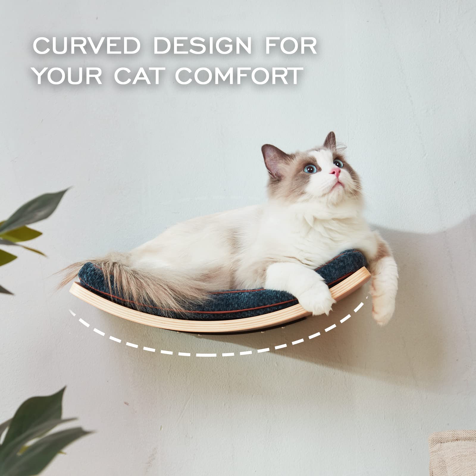 Liorce Cat Shelf With Comfortable Cushion - Curved Cat Shelves And Perches For Wall (Medium Size) - Wall Mounted Cats Furniture