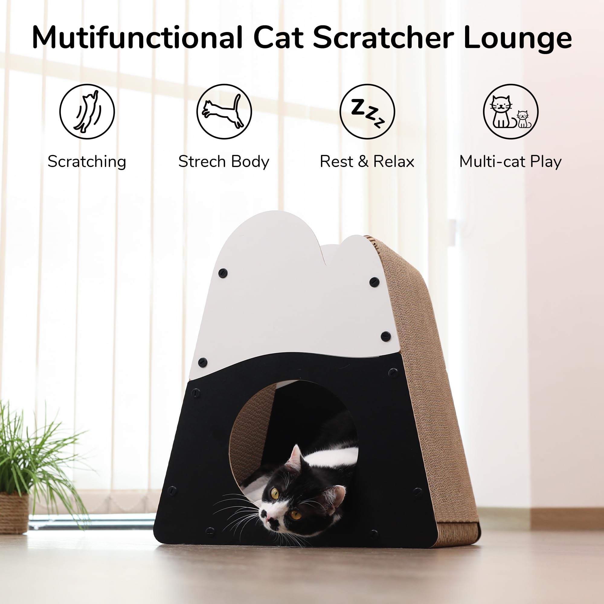 FUKUMARU Cat Scratcher House - 19.5" Mountain Shape Cardboard Lounger, White & Black, Durable Indoor Bed for Cats, Model SH04