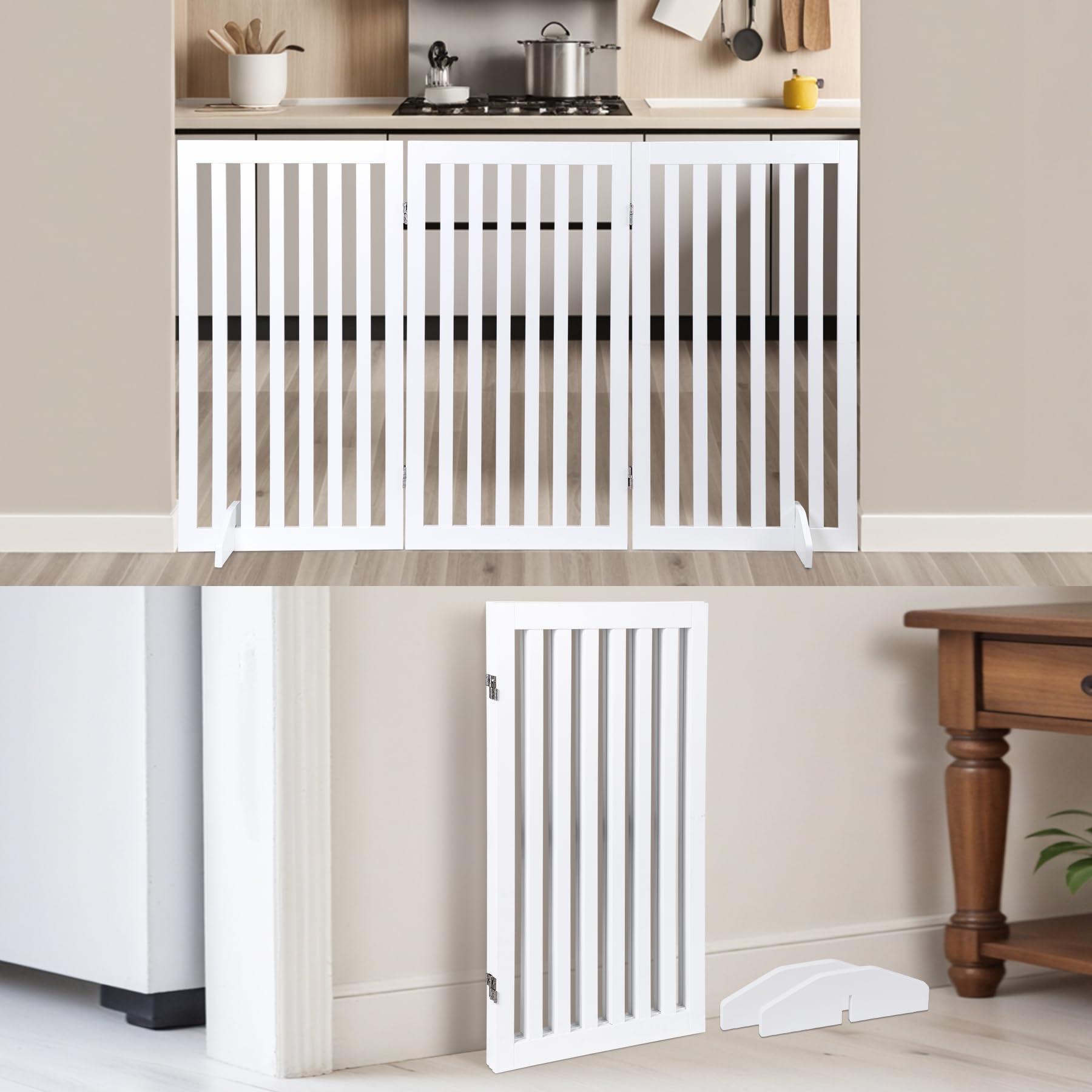 Freestanding Pet Dog Gate 36 Inch Foldable Fence Indoor 3 Panel Extra Wide Wooden Dog Door For Stairs Hallways Doorways