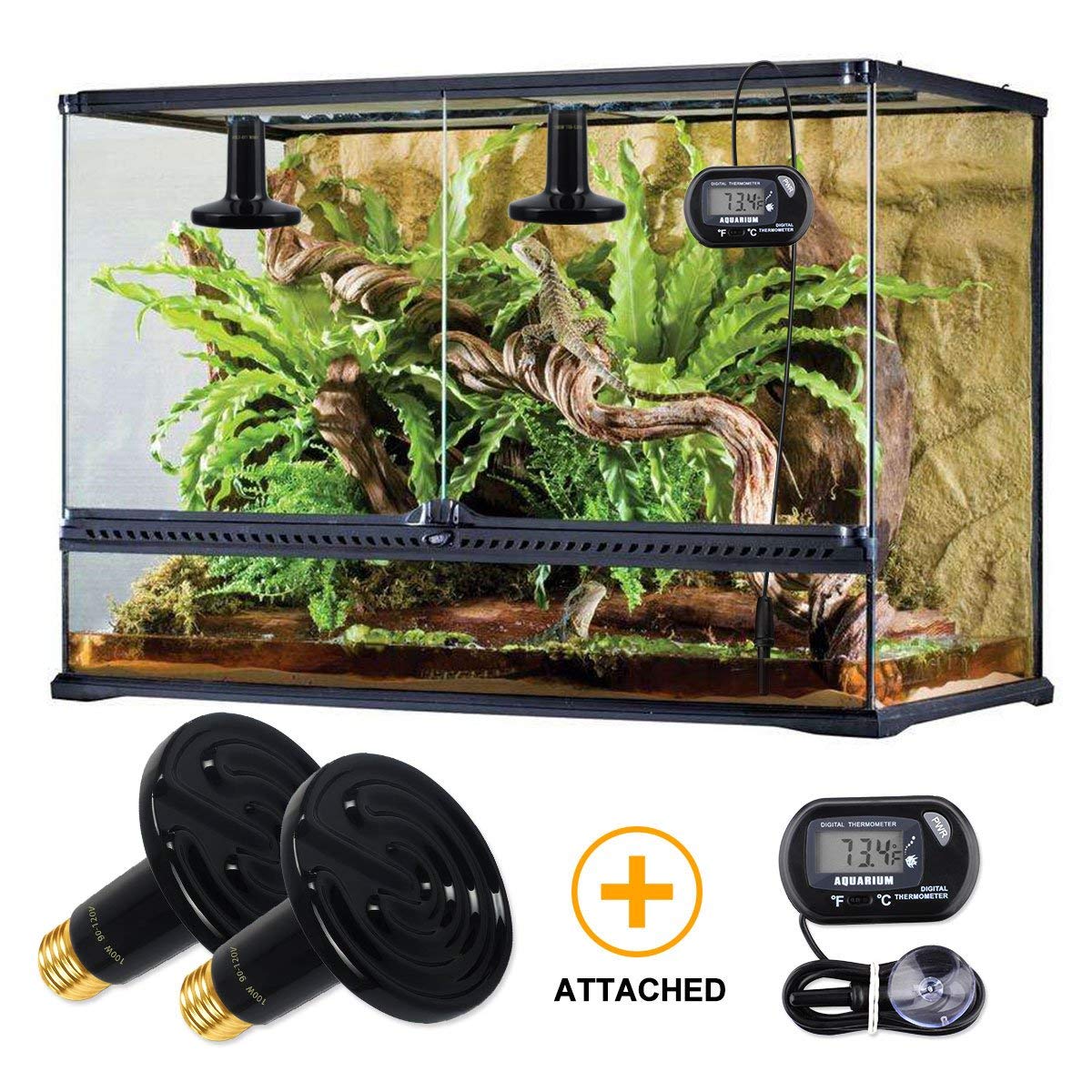 Omaykey 2-Pack 100W Ceramic Heat Lamp With 1-Pcs Digital-Thermometer, Infrared Heat Emitter Bulbs For Reptiles, Amphibians, Chicken Brooder Coop Lizard Turtle Snake, No Light No Harm