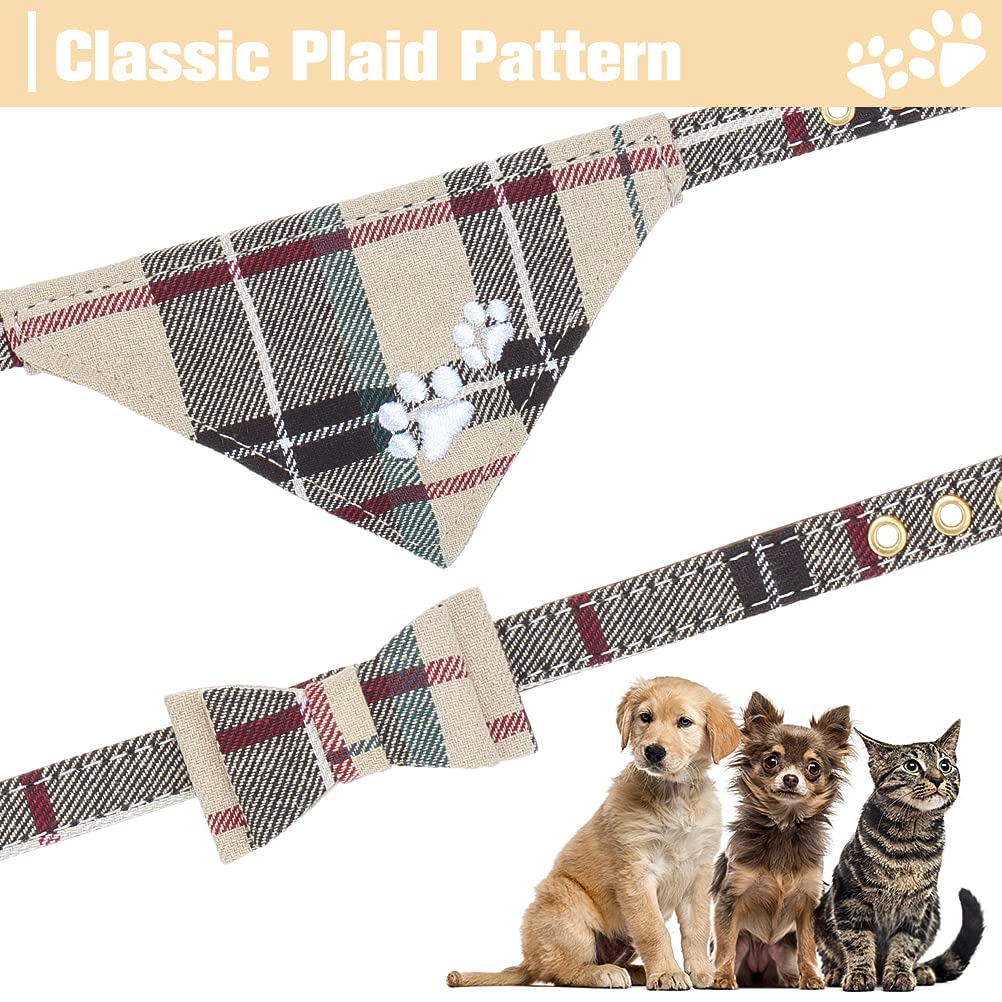 Expawlorer Dog Collar And Leash Set - Embroidered Pawprints Plaid With Bow Tie And Bandana, Adorable For Dogs Cats Outdoor Walki