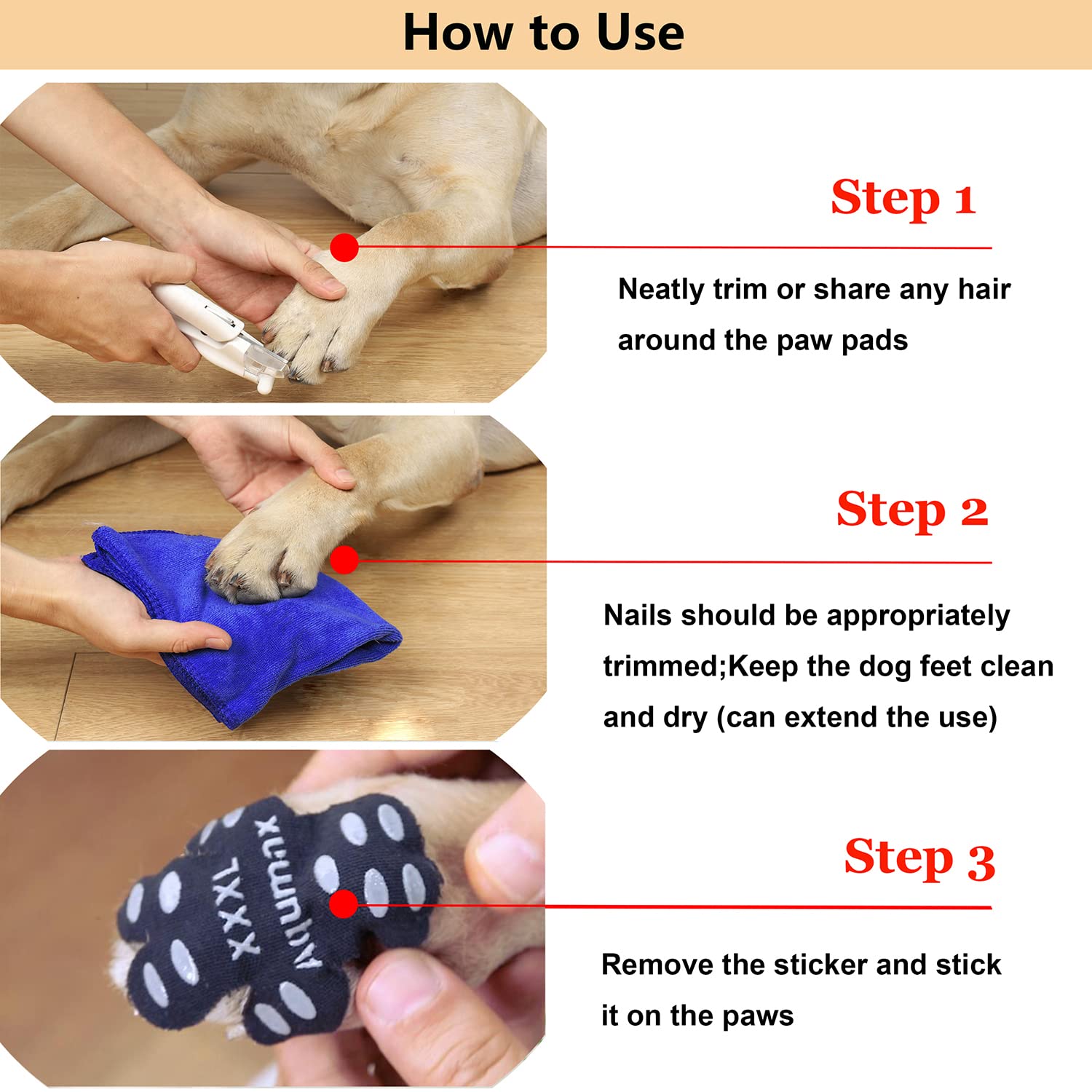 Aqumax Dog Anti Slip Paw Grips Traction Pads,Paw Protection With Stronger Adhesive, Non-Toxic,Multi-Use On Hardwood Floor Or Injuries,12 Sets-48 Pads (Black, L-1.9 * 1.6 Inch(L*W))