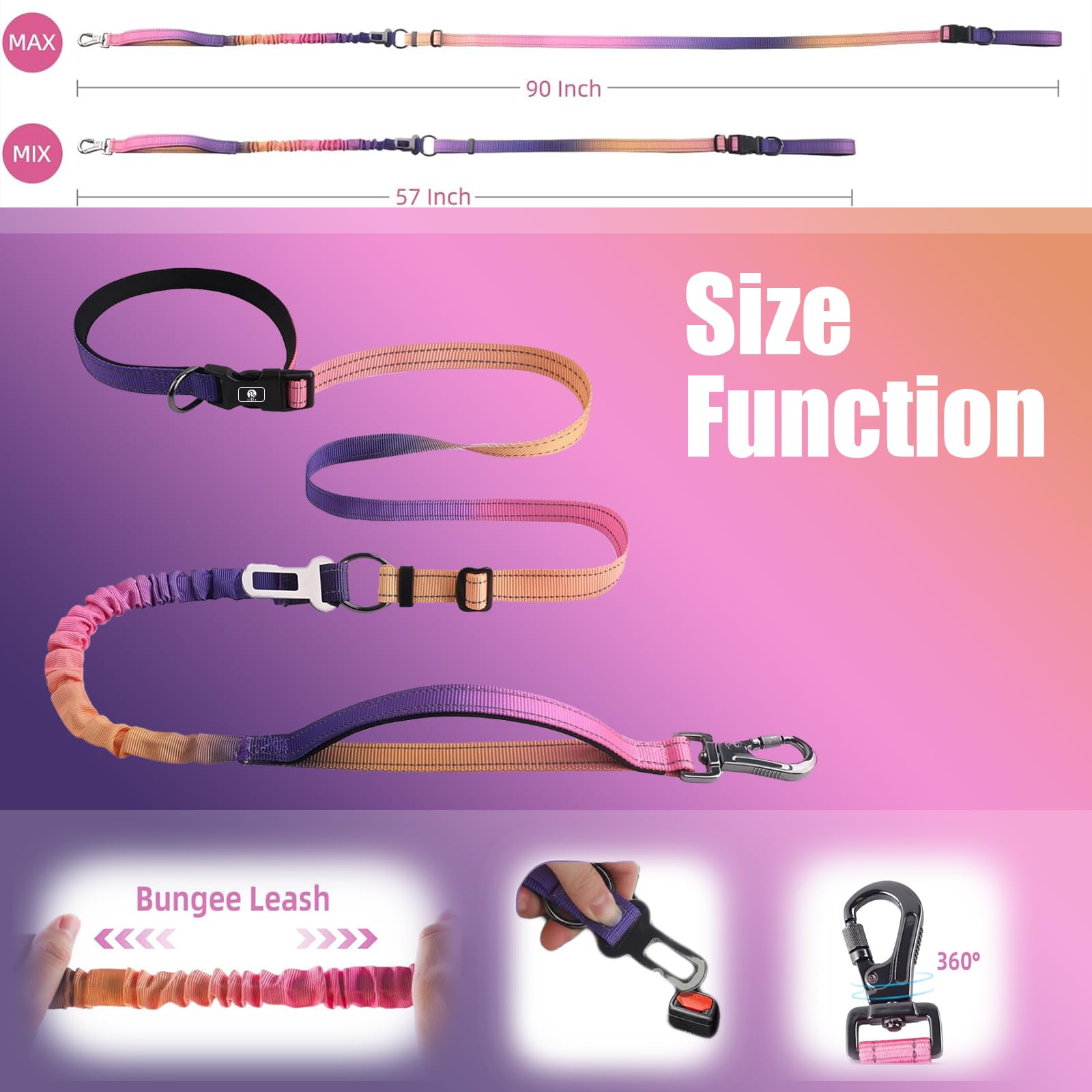 Hands-Free Dog Leash With Bungee For Large Dogs, Waist Belt & Car Seat Bel (Pink)