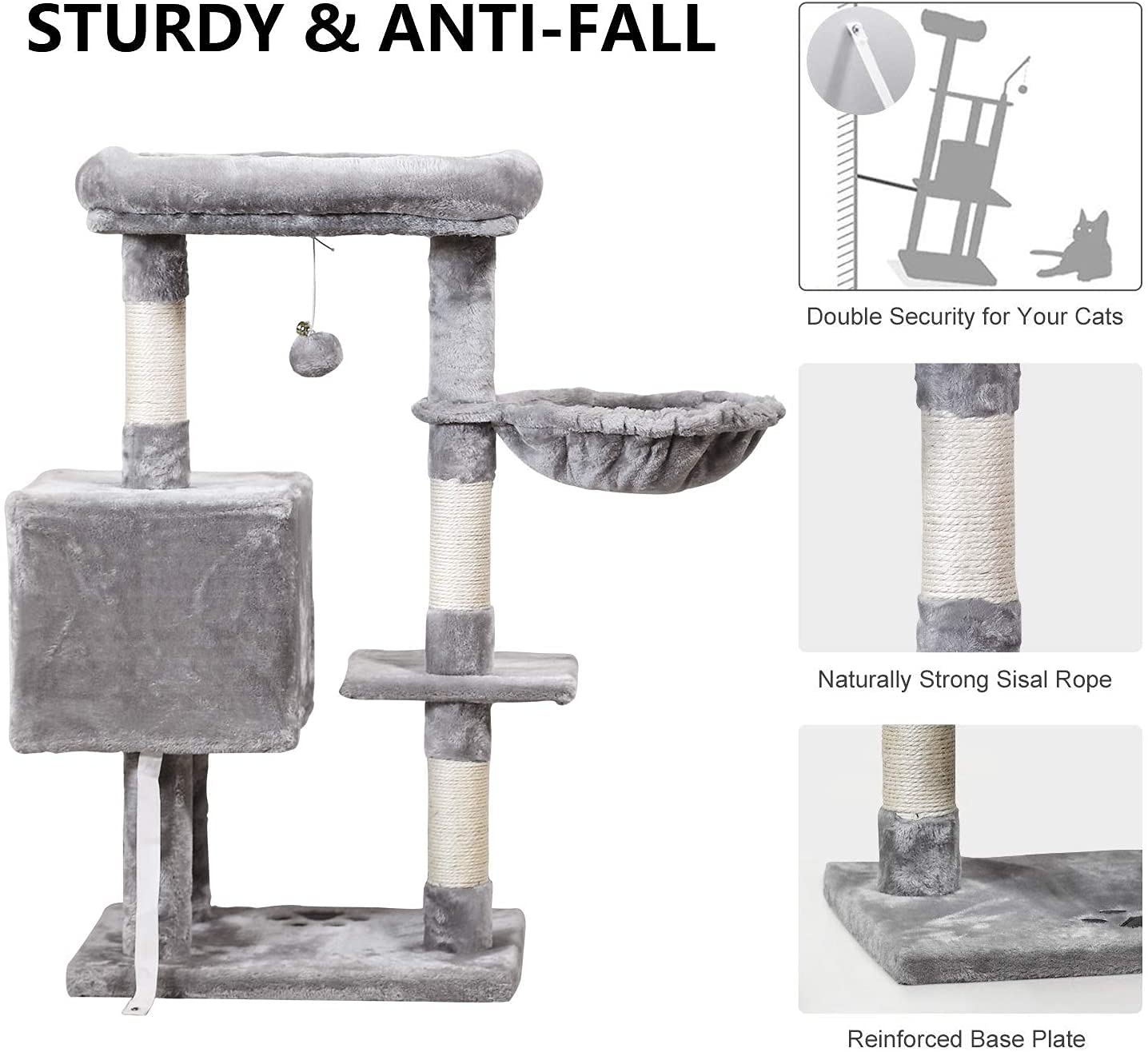 Jissbon Multi-Level Cat Tree Condo, Activity Centre Cat Tower Furniture With Sisal-Covered Scratching Posts, Padded Plush Perch,