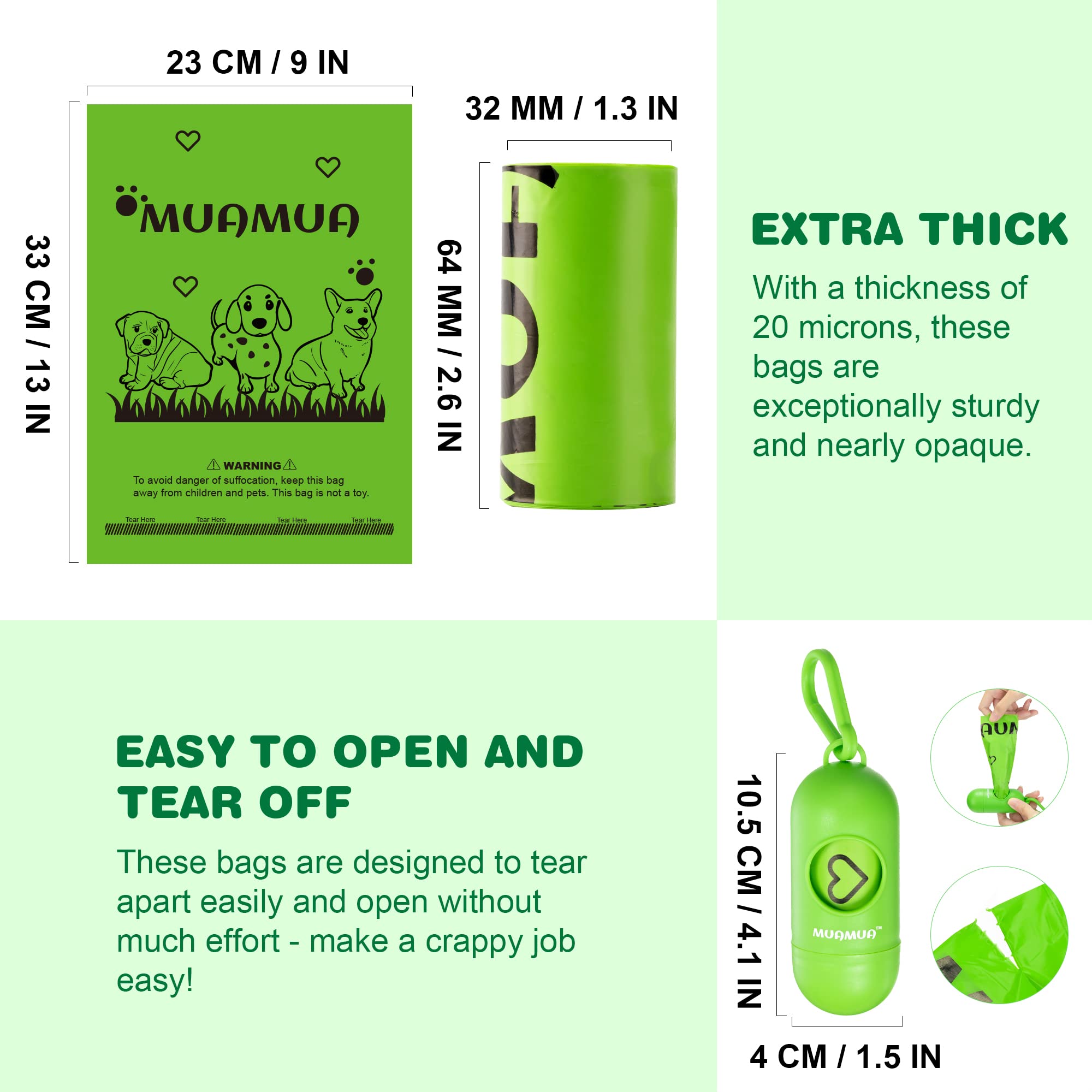 MUAMUA Dog Poop Bags - 570 Count Biodegradable, Extra Thick, Leak Proof, 9x13 Inches, Green, Plant-Based Material