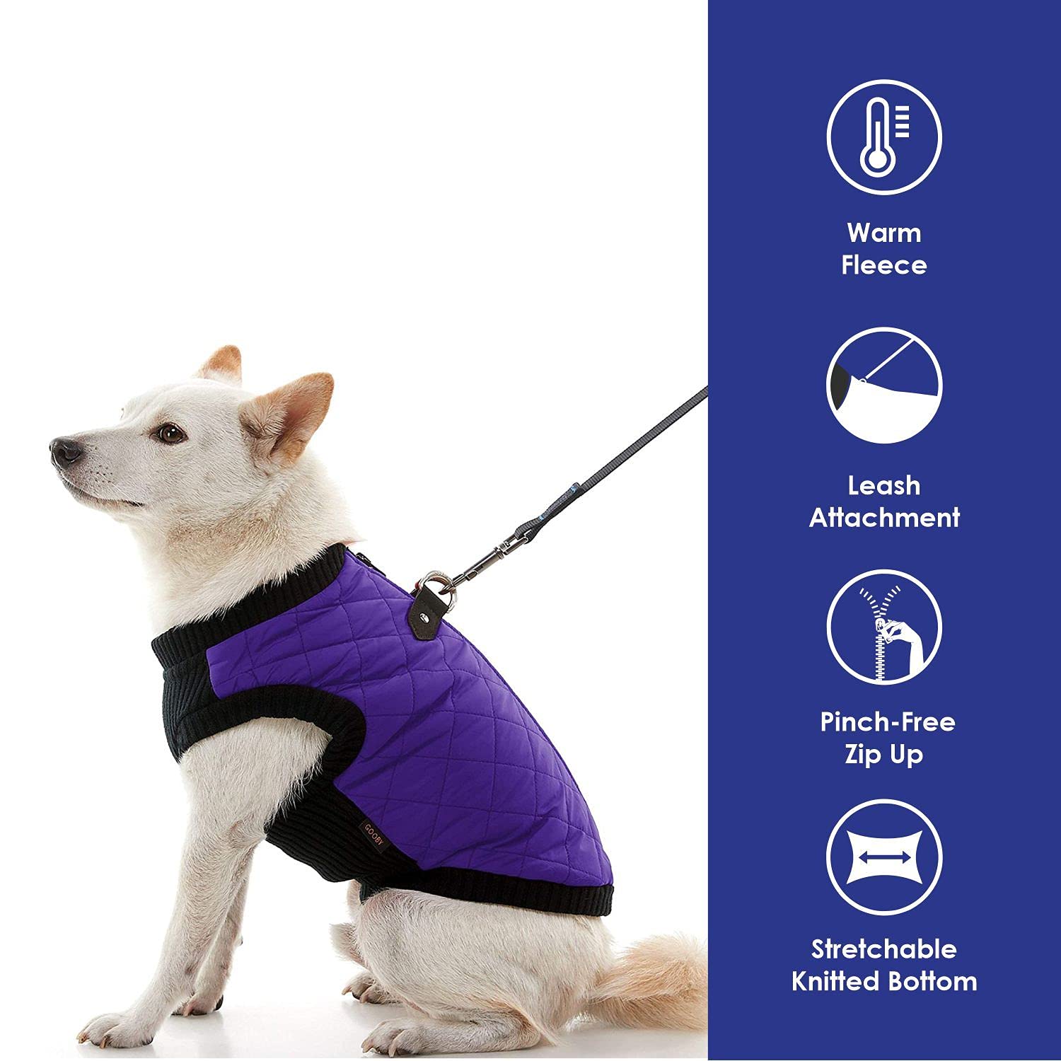 Gooby Fashion Vest Dog Jacket - Violet, X-Large - Warm Zip Up Dog Bomber Vest With Dual D Ring Leash - Winter Water Resistant Small Dog Sweater - Dog Clothes For Small Dogs Boy Or Medium Dogs