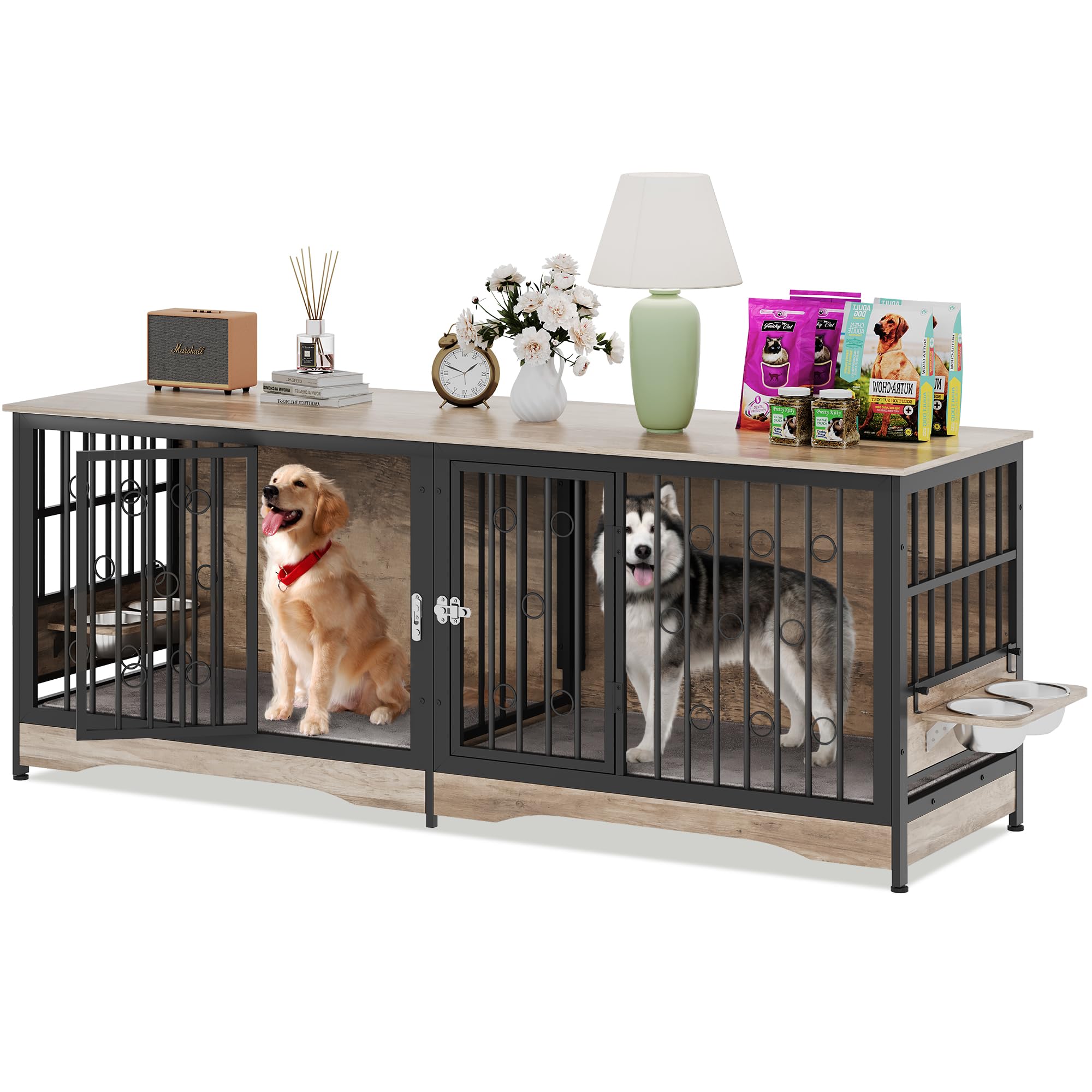75   Dog Crate Furniture Large Storage TV Stand with Dual Cushion / 4 Bowls/Double Rooms, Wooden Dog Kennel Dog Crate End Tabl