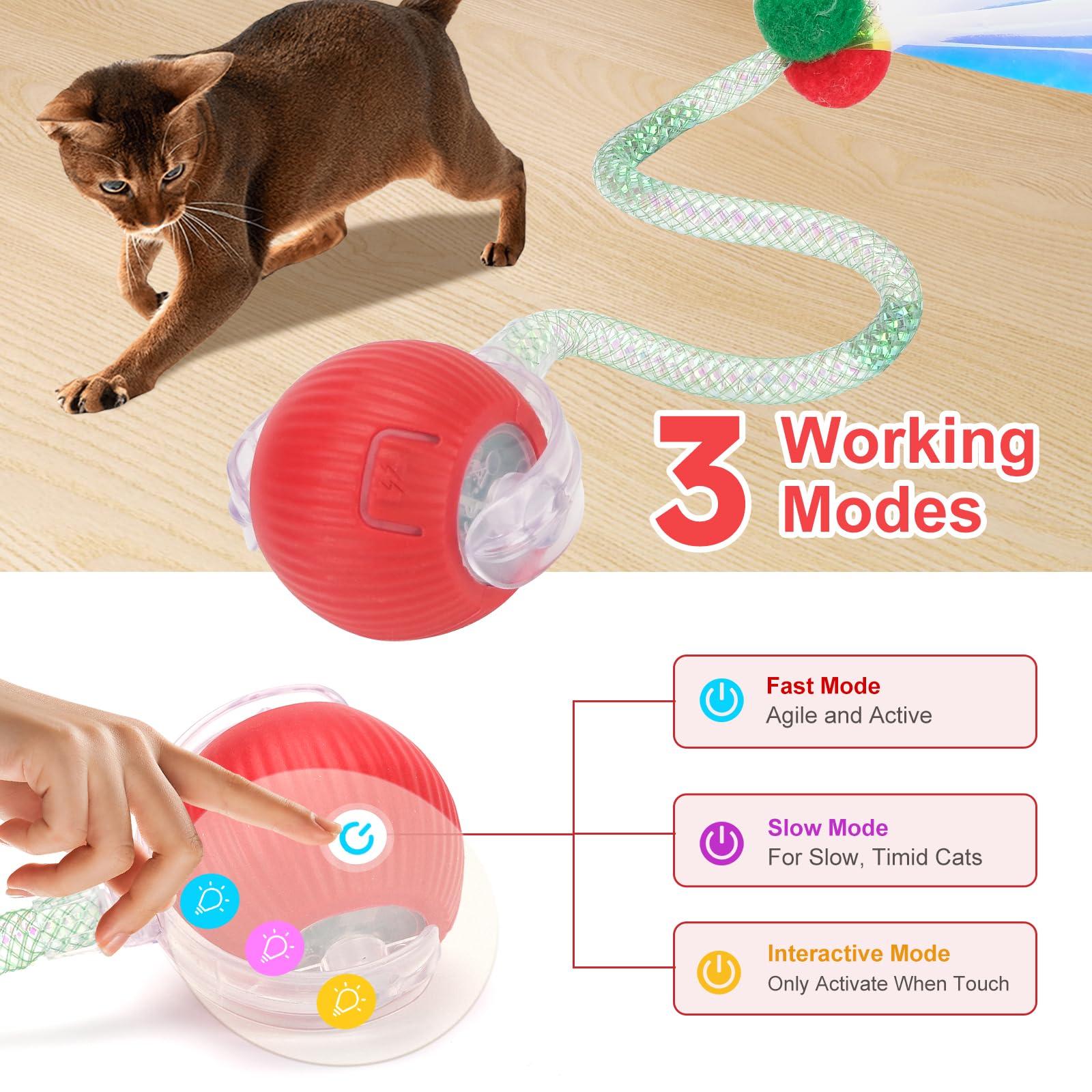 Interactive Cat Toy For Indoor Cats,Agile Automatic Moving Cat/Kitten Ball With Elastic Mesh Tail,Electric Toy Ball Chirping Bir