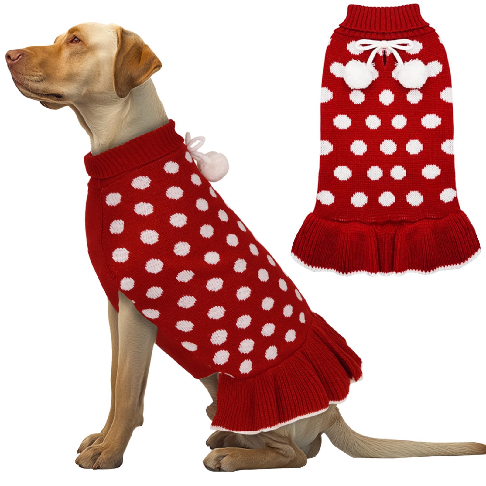 Kyeese Christmas Dog Sweater Dress With Leash Hole Turtleneck Dog Sweaters For Girl Medium Dogs Polka Dot Knit Pullover Warm Pet
