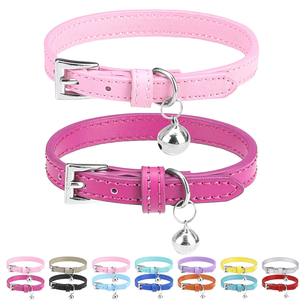 Pupteck 2 Pcs Soft Leather Cat Kitten Collar With Bells Adjustable For Girl Boy Cats Puppy