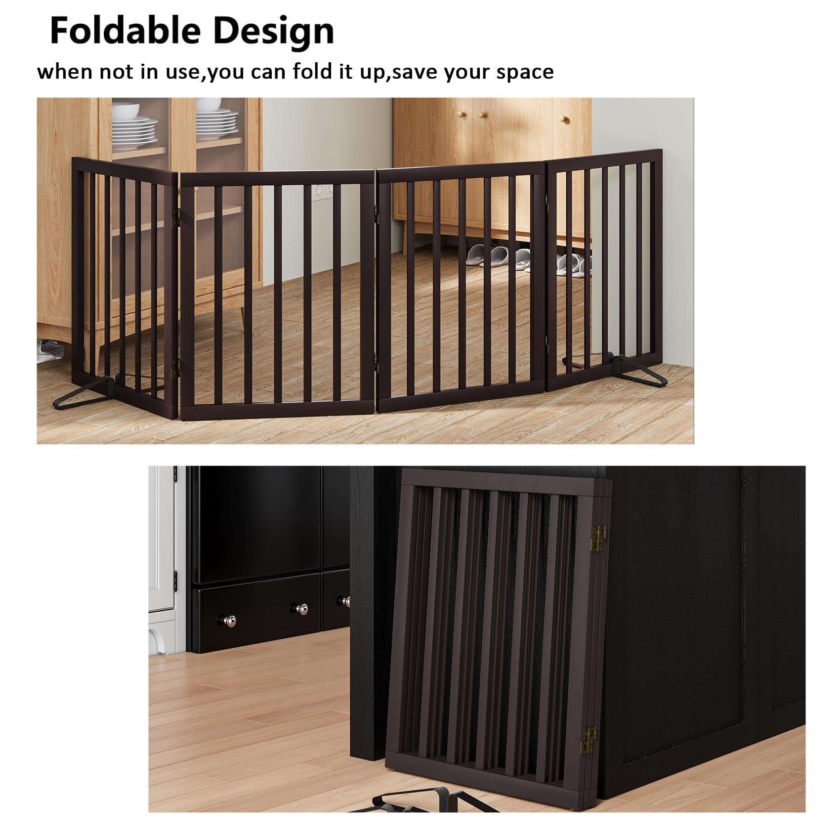 Wooden Dog Gate Freestanding Foldable 4 Panel Pet Gates Extra Wide Dog Gates for Indoor Doorways Stairs 24in Height Support Feet