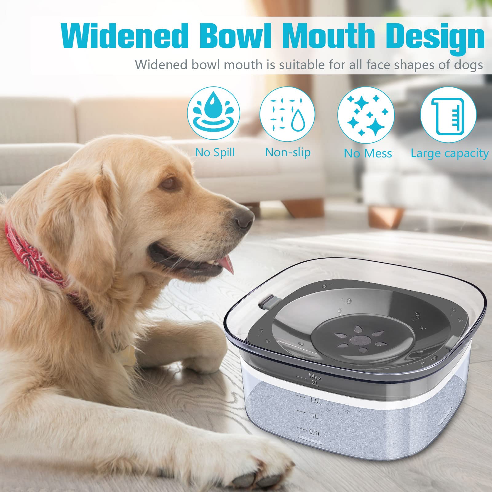 UPSKY 70oz No Spill Dog Water Bowl - Large Capacity Spill Proof Feeder for Cats & Dogs, Travel-Friendly Design, Grey