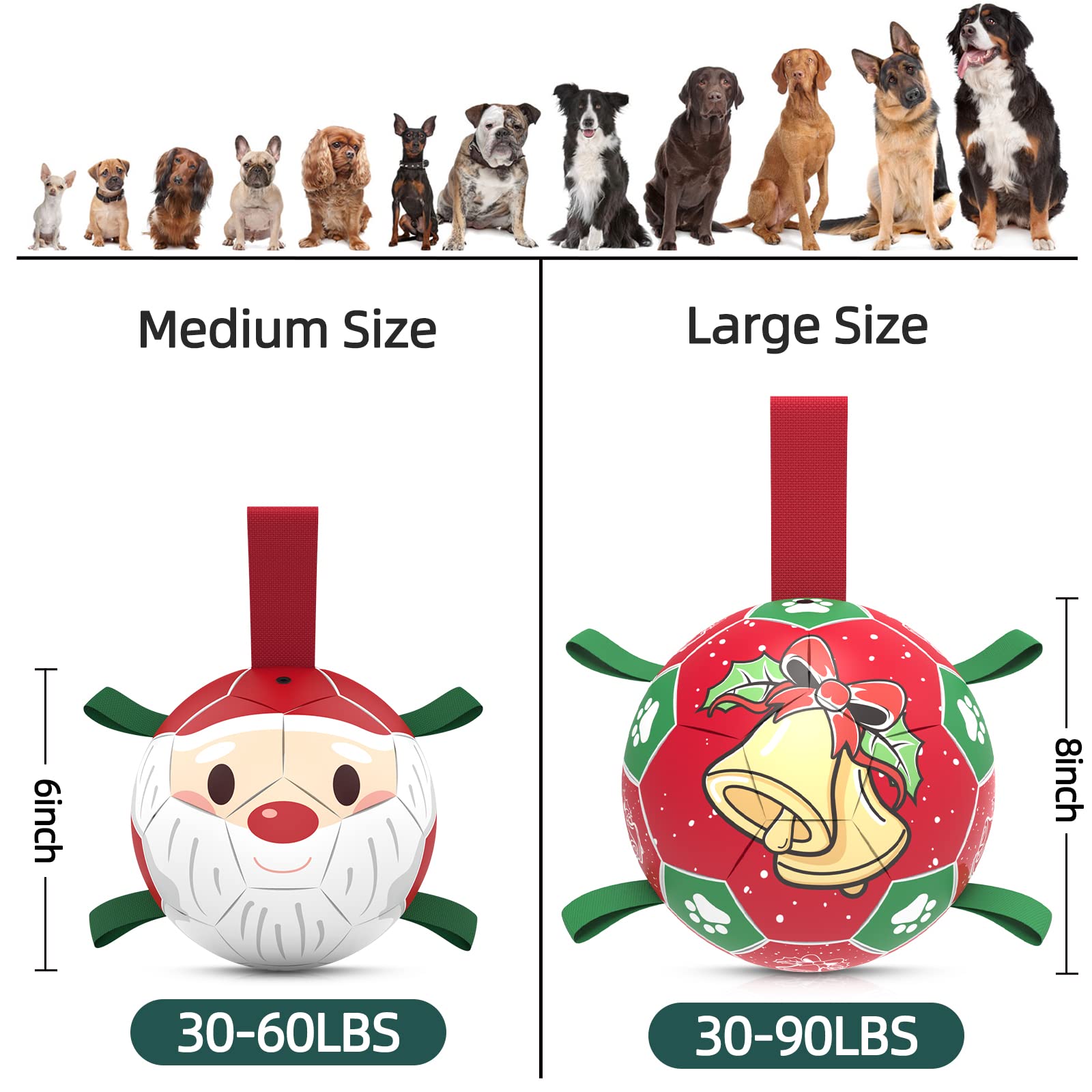 QDAN Christmas Dog Soccer Balls with Straps, Interactive Dog Toys for Tug of War, Puppy Birthday Gifts, Dog Tug Toy, Dog Water T