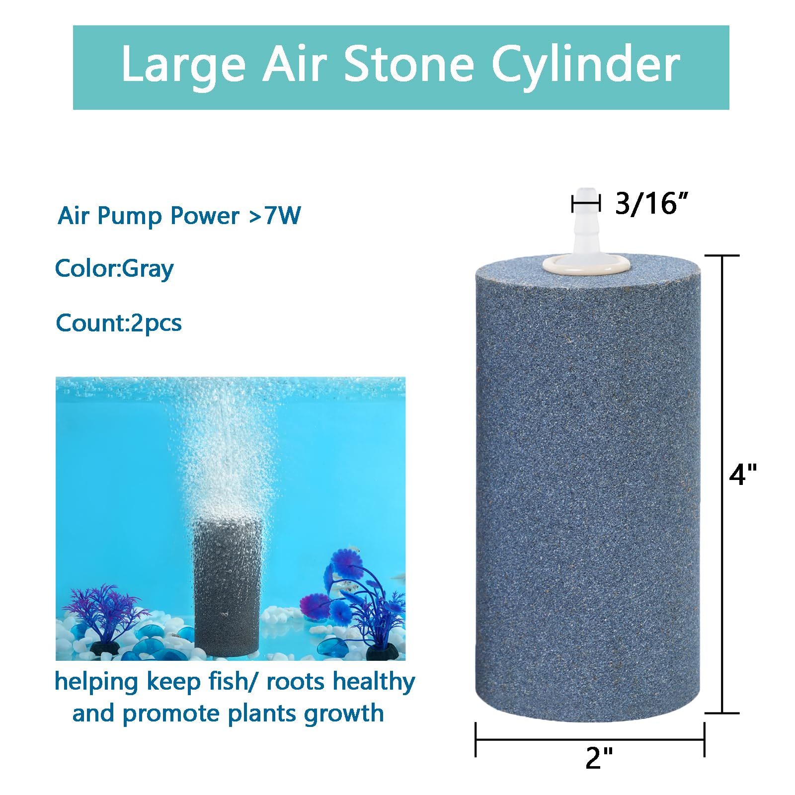 Aquaneat 2 Pack Air Stone, Large Air Stone Cylinder, Aerator Bubble Diffuser, Air Pump Accessories For Hydroponic Growing System