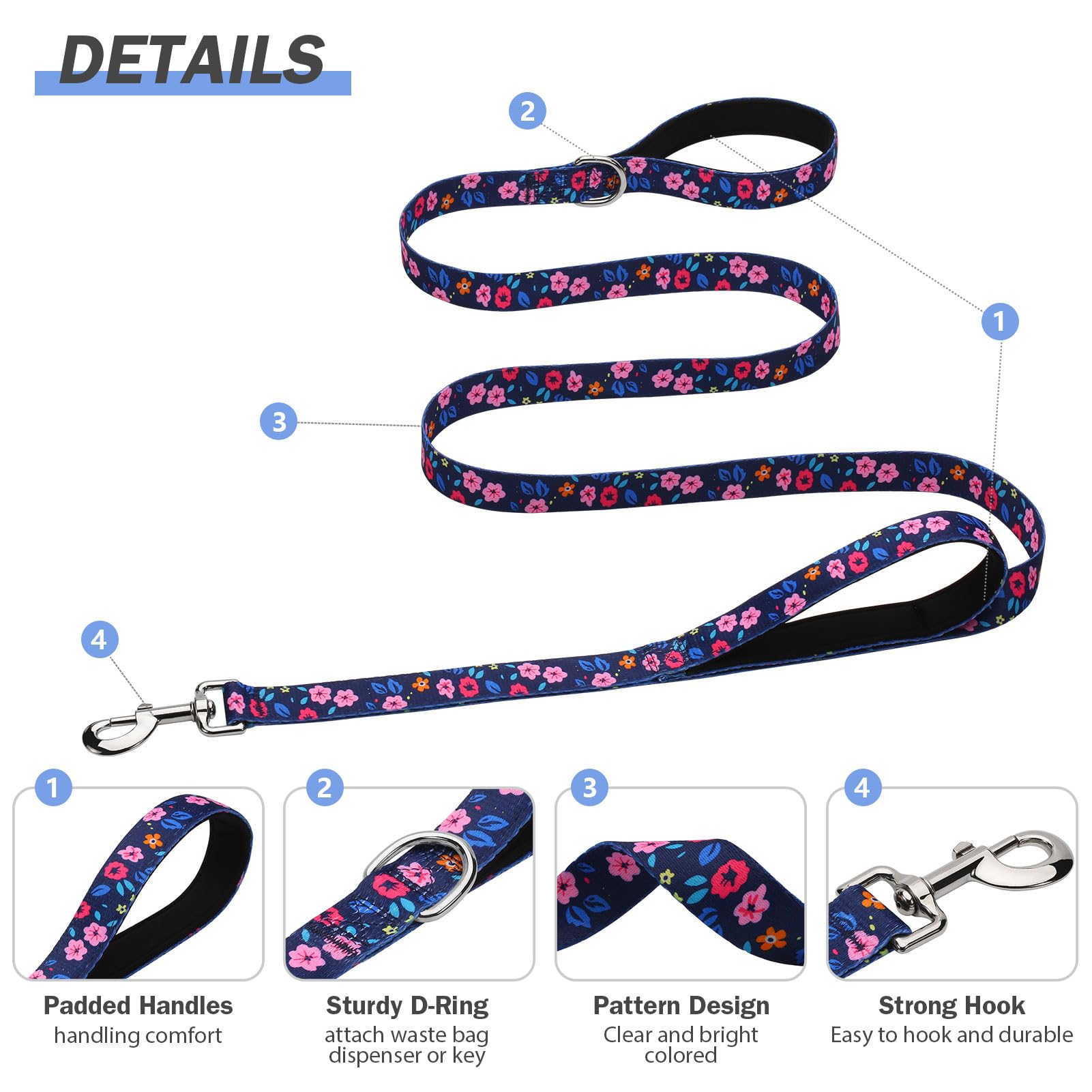 Hikiko Double Handle Dog Leash 6 Ft For Medium Large Dogs, Padded Traffic Handles Lead For Walking Training (Navy Blue Floral)