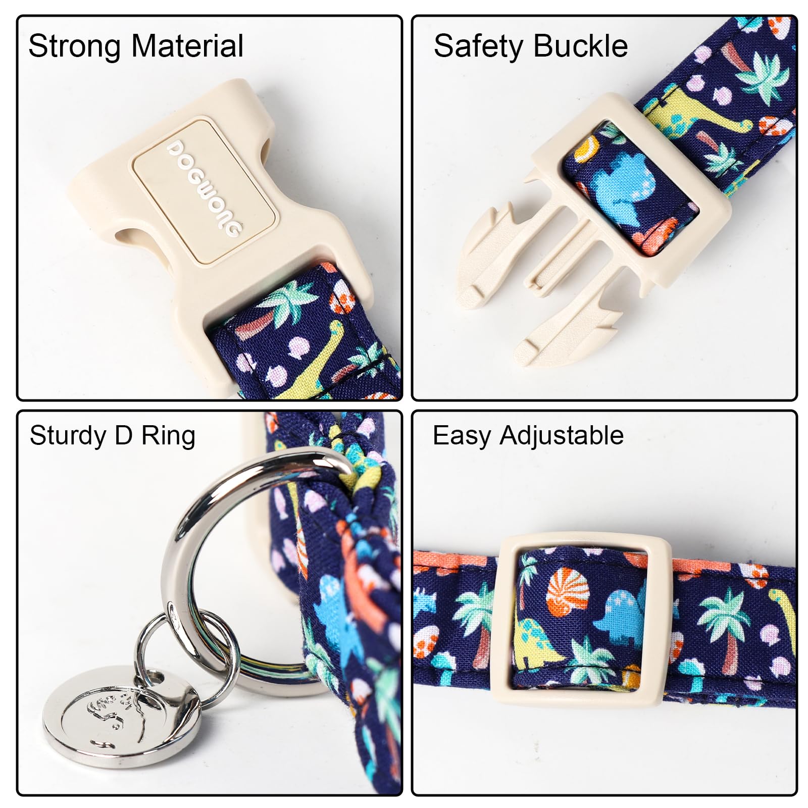Dogwong Cotton Dog Collar - Blue Dinosaur Design, Soft Natural Fabric, Cute Summer Puppy Necklace For Small To Large Dogs