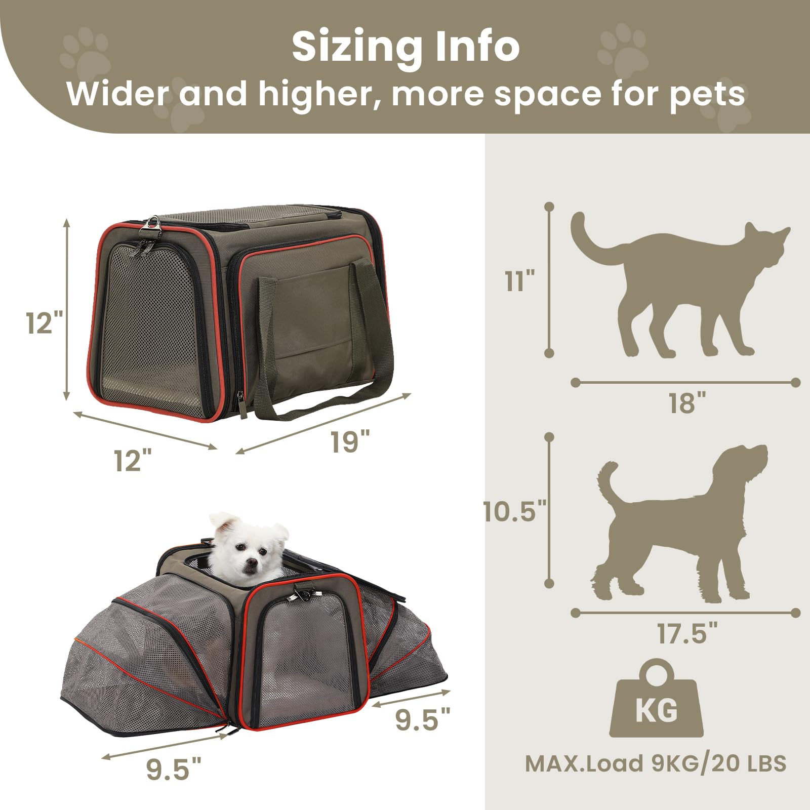 Petsfit 2 Side Expandable Pet Carrier Dog Carrier Cat Carrier For 2 Cats, 19' Lx 12' Wx 12' H, With Soft Cushion, Built-In Safety Rope, Pockets, Fit For Car Travel