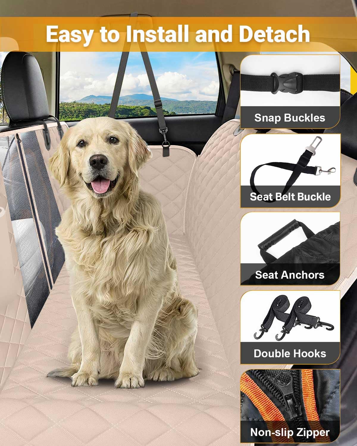 Dog Car Seat Cover, 600D Heavy Durable Dog Seat Cover For Back Seat, 100% Waterproof Scratch Proof Nonslip Dog Hammock For Car With Side Flap, Pet Back Seat Covers For Cars With Seatbelt Khaki