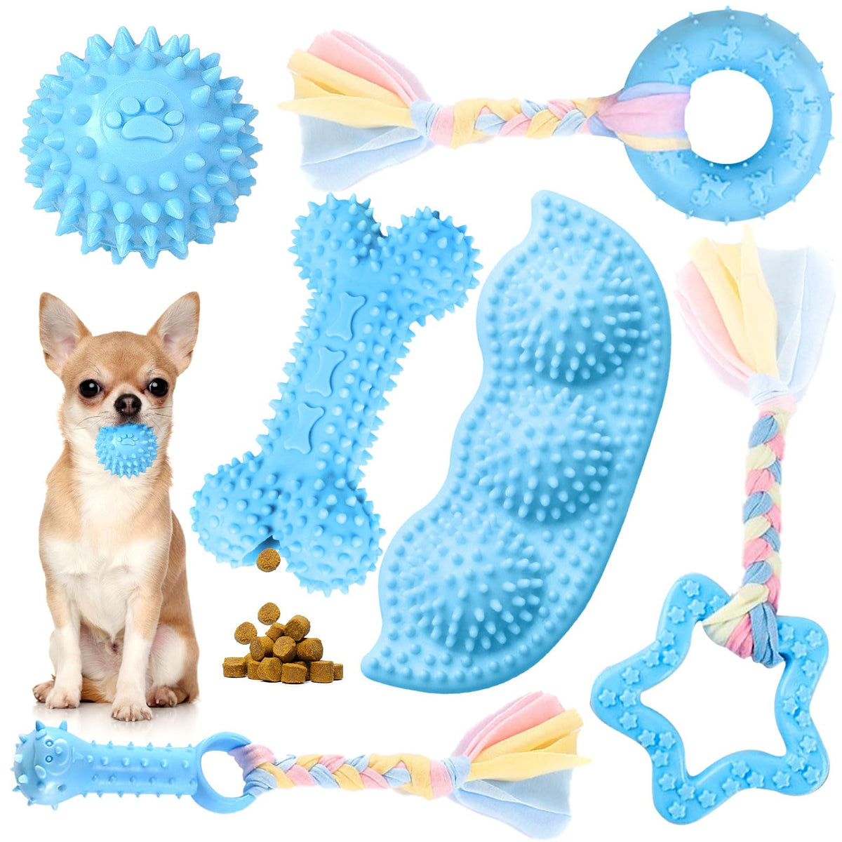 Petcare 6 Pack Puppy Chew Toys For Teething Cute Blue Puppy Toys Small Dog Toys Soft Rubber Rope Dog Toys Funny Bone Ball Cleaning Teeth Dog Chew Toys Puppy Teething Toys For Puppies Yorkie